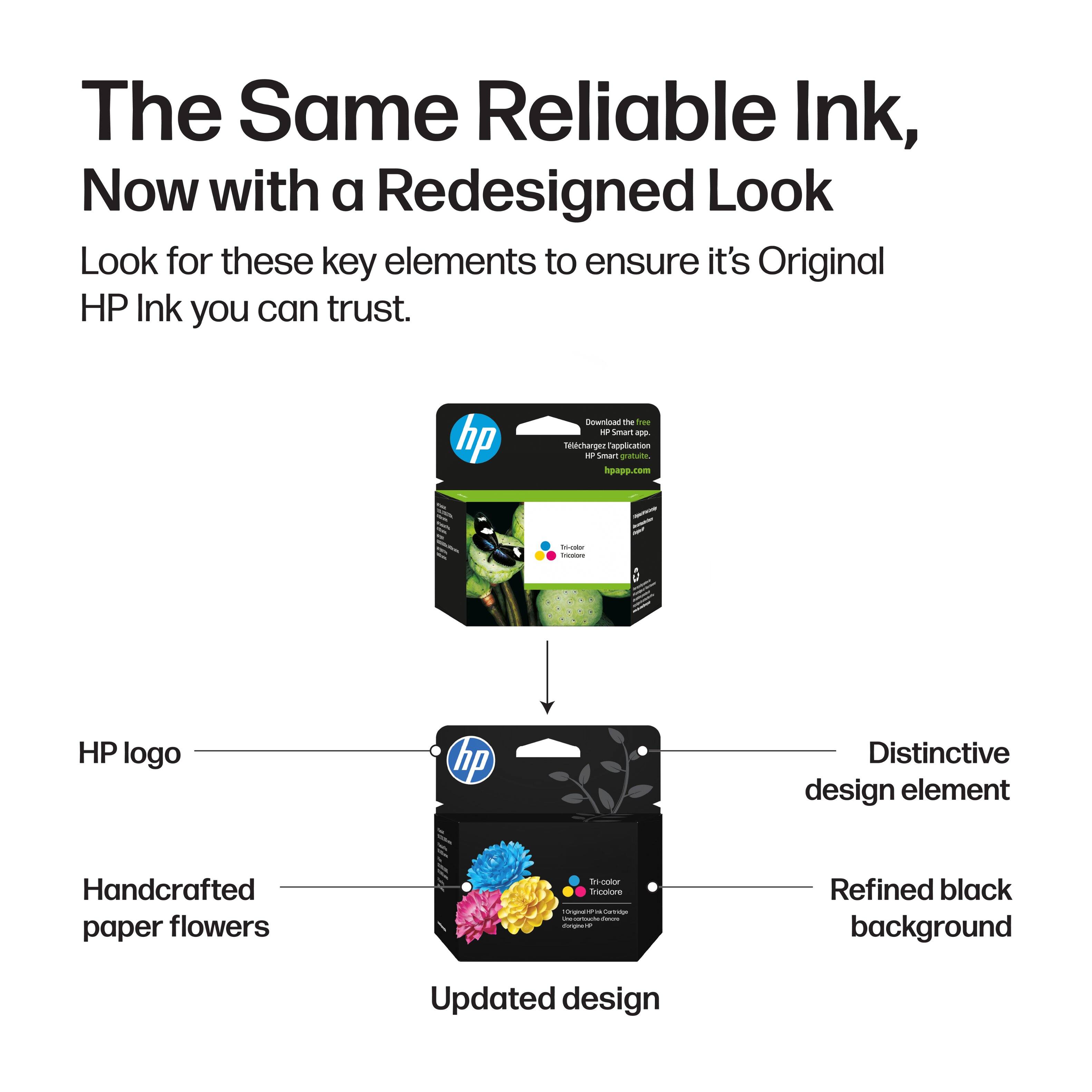 The Same Reliable Ink, Now with a Redesigned Look

Look for these key elements to ensure it's Original HP Ink you can trust.

- HP logo
- Distinctive design element
- Handcrafted paper flowers
- Refined black background
- Updated design