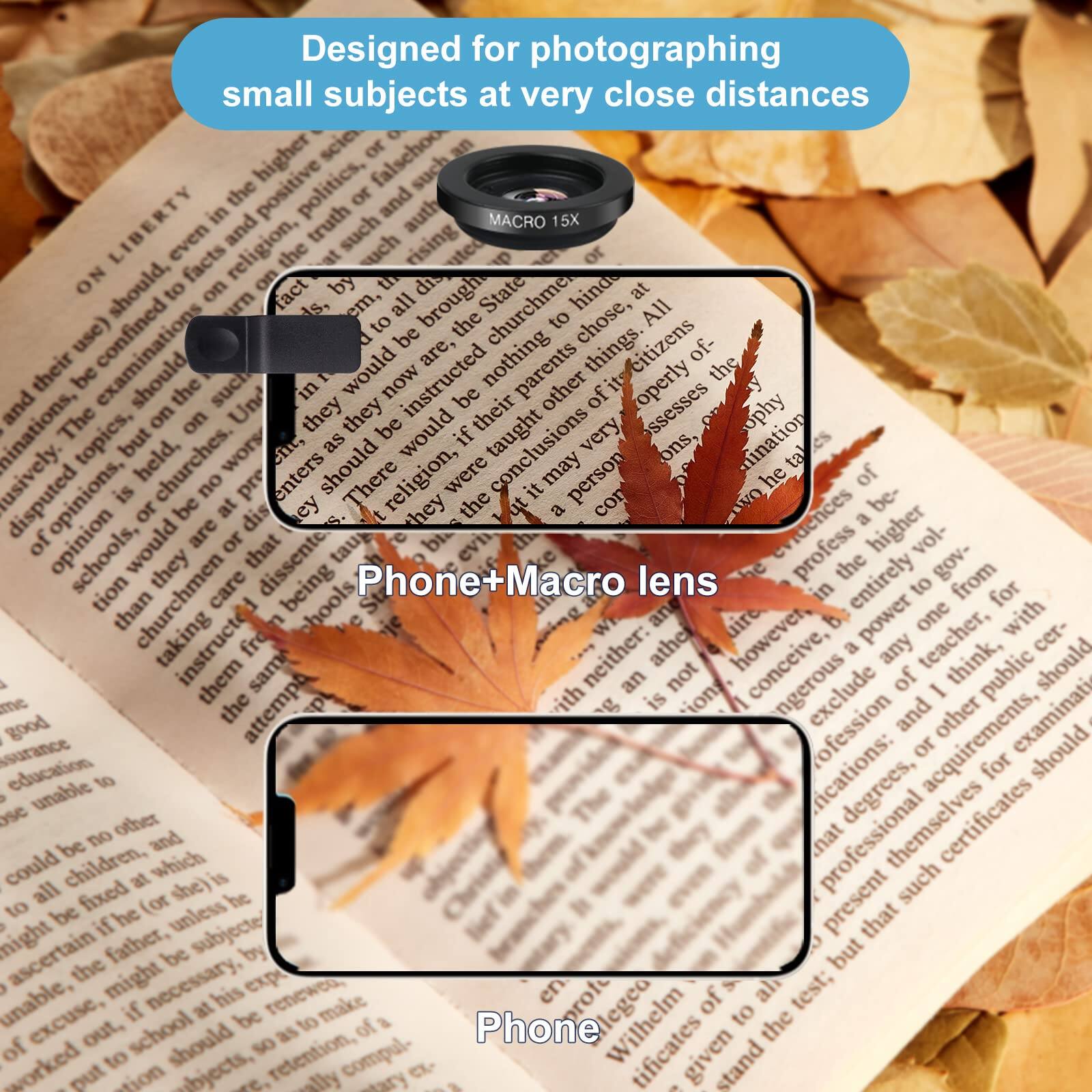 Designed for photographing small subjects at very close distances

Phone+Macro lens

Phone

MACRO 15X