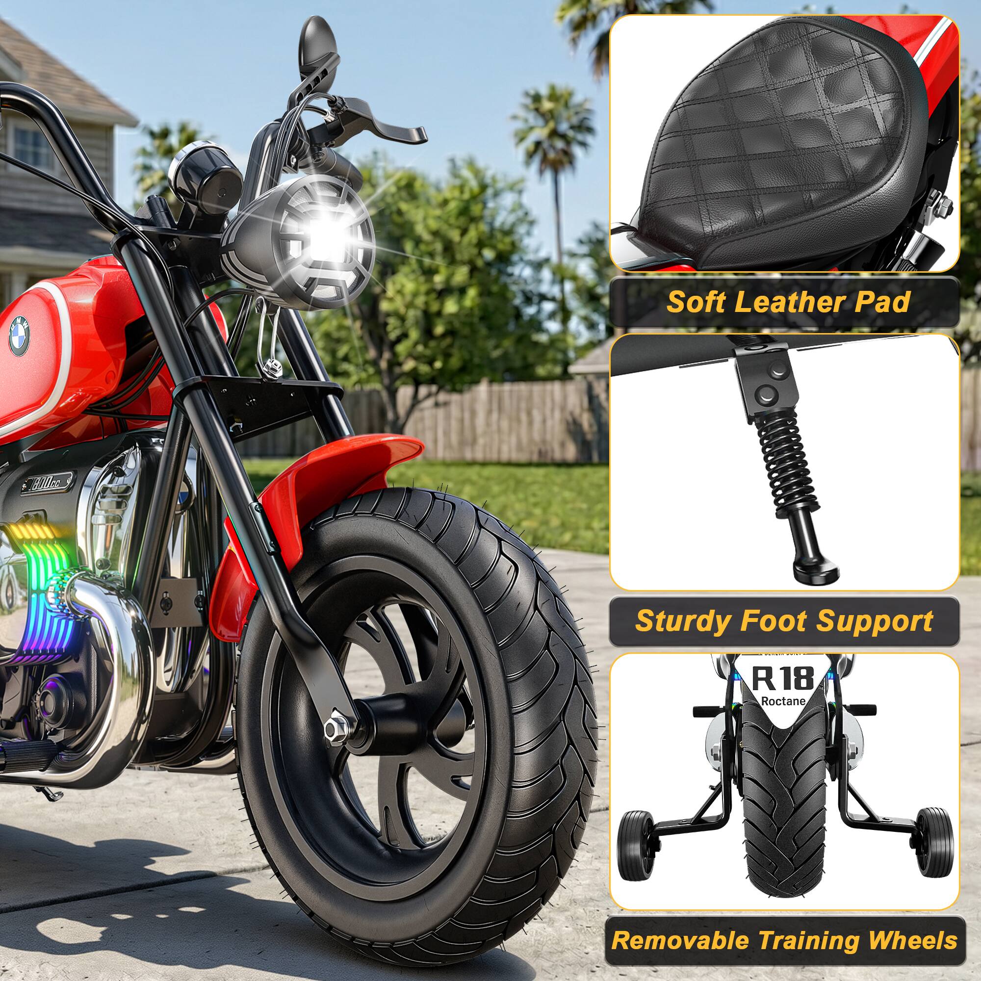 - Soft Leather Pad
- Sturdy Foot Support
- R18 Roctane
- Removable Training Wheels