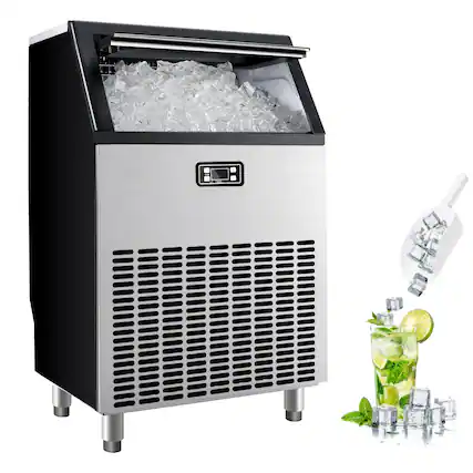Front. SIMZLIFE - 200lbs/24H Commercial Under Counter Ice Maker, Stainless Steel, 50lbs Ice Storage Capacity, Suitable for Home/Bar - black and silver.