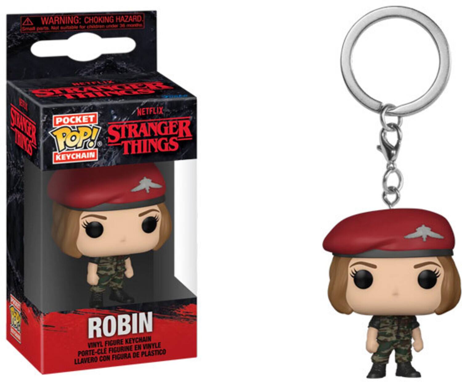 WARNING: CHOKING HAZARD for children under 36 months Small parts. Not suitable for children under 36 months. HETFLX STERNRI TTINGS EU NETFLIX POCKET SRAEER TIGS POP! STRANGER THINGS KEYCHAIN ROBIN VINYL FIGURE KEYCHAIN FIGURINE EN VINTLE PORTE-CLE FIGURA DE PLASTICO LLAVERO CON