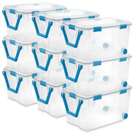 Front. Sterilite - Sterilite 120-Qt Clear Plastic Wheeled Storage Bin w/ Gasket Latch Lid, 9 Pack - Clear.