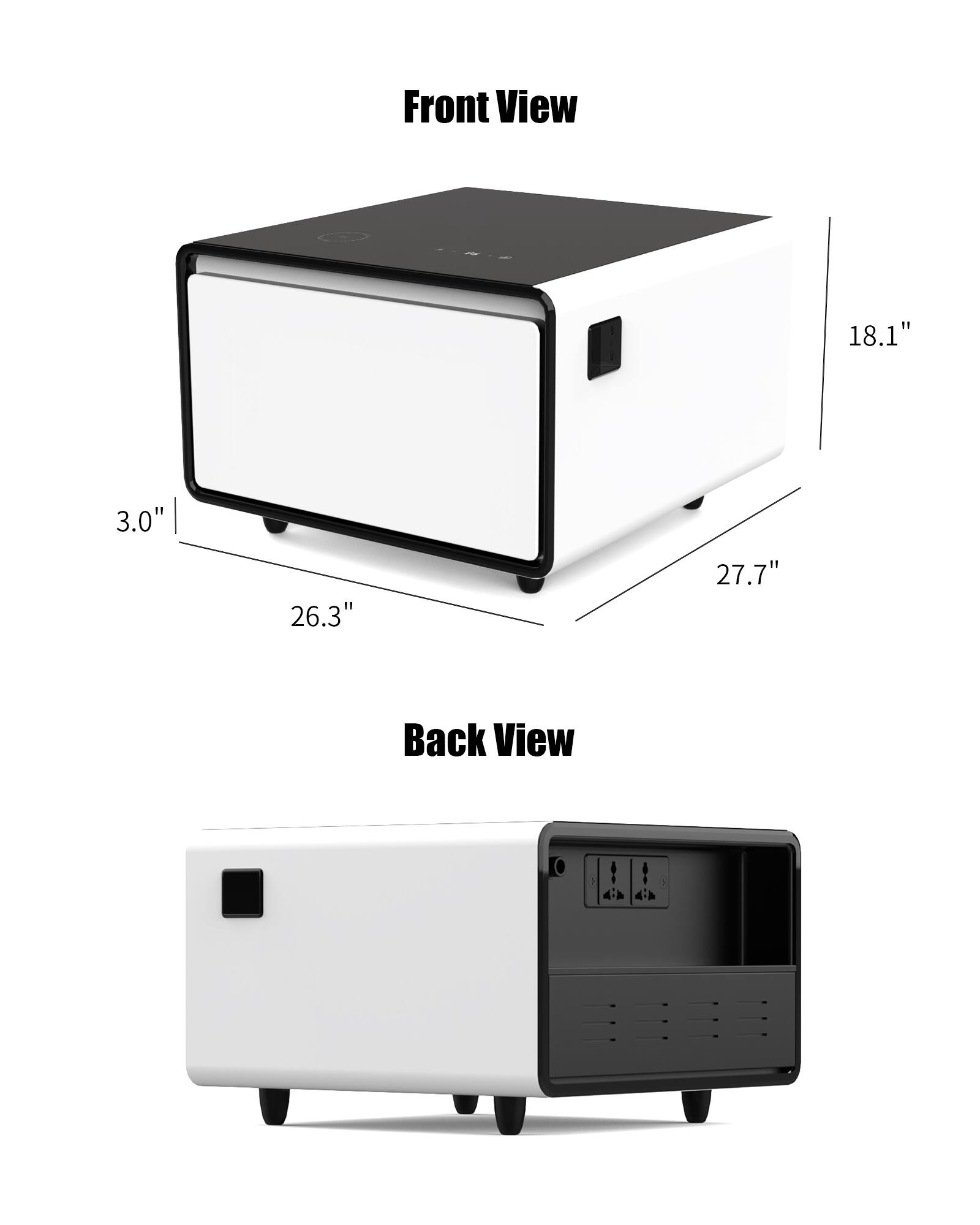 The text on the image reads "Front View 18.1" 3.0" 26.3" 27.7" Back View 4-". The text has been grouped and corrected to read: "Front View: 18.1" x 3.0" x 26.3" x 27.7" Back View: 4-."