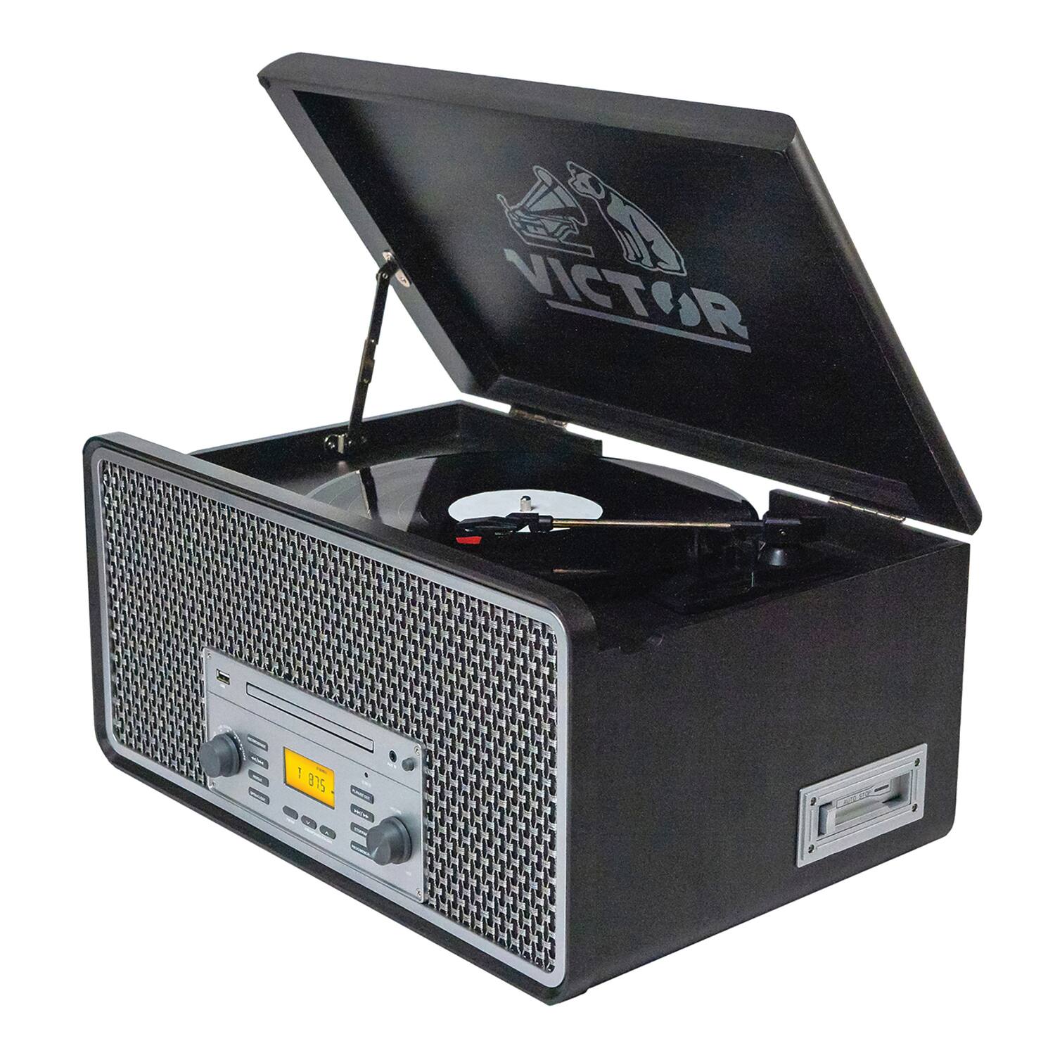 Angle. Victor - Victor Monument Dual-bluetooth Belt-drive 8-in-1 Music Center With Turntable, Cd, And Cassette Player - Metallic.