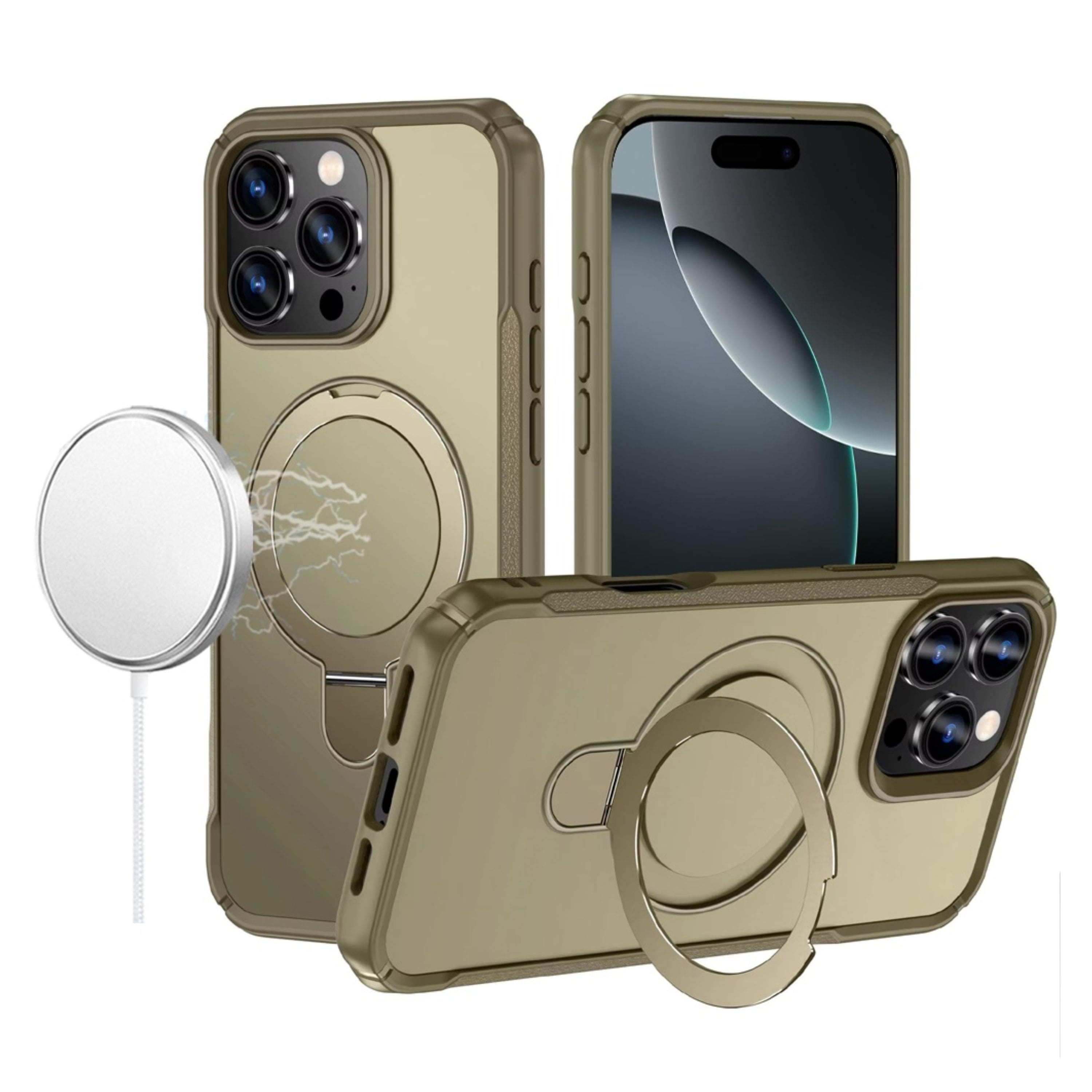 Kitcheniva - Shockproof Magnetic Circle Stand Phone Case With Tempered Glass For iPhone 16 Pro Max - Khaki