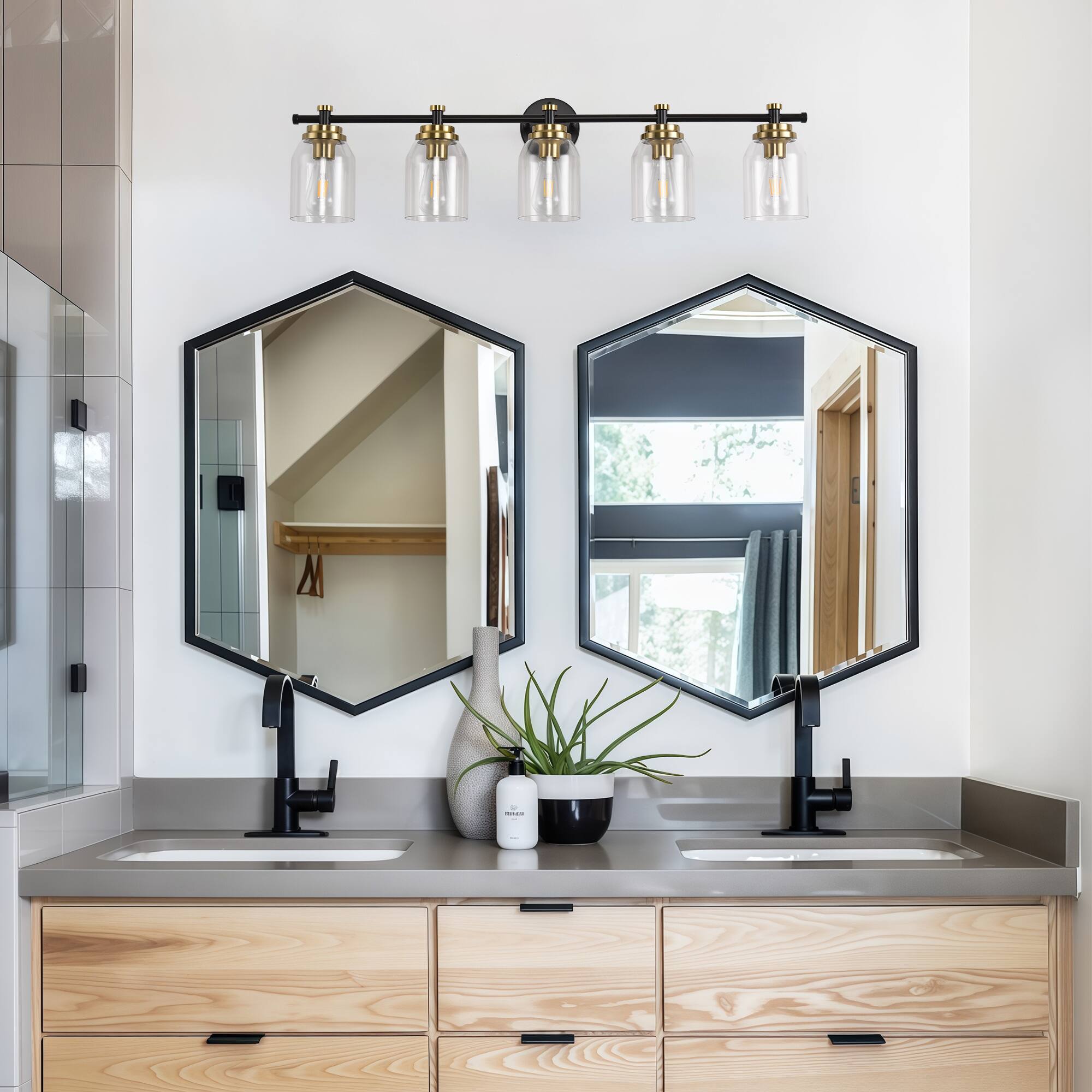 Back. RYHNUYNE - 5 Lights Bathroom Vanity Light Black Gold Bathroom Light Fixture Over Mirror Lighting Fixtures with Clear Glass Shade - Black.