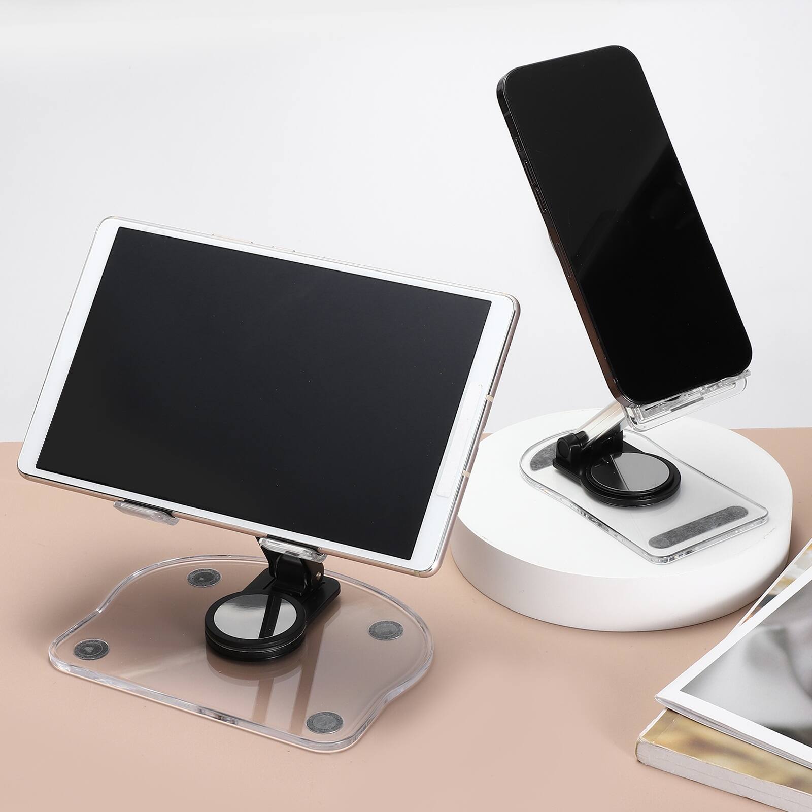 Alt View 5. Unique Bargains - Acrylic Tablet & Phone Holder, Adjustable Foldable Clear with 360 Degree Rotating Base for Desk Home Office - Black.