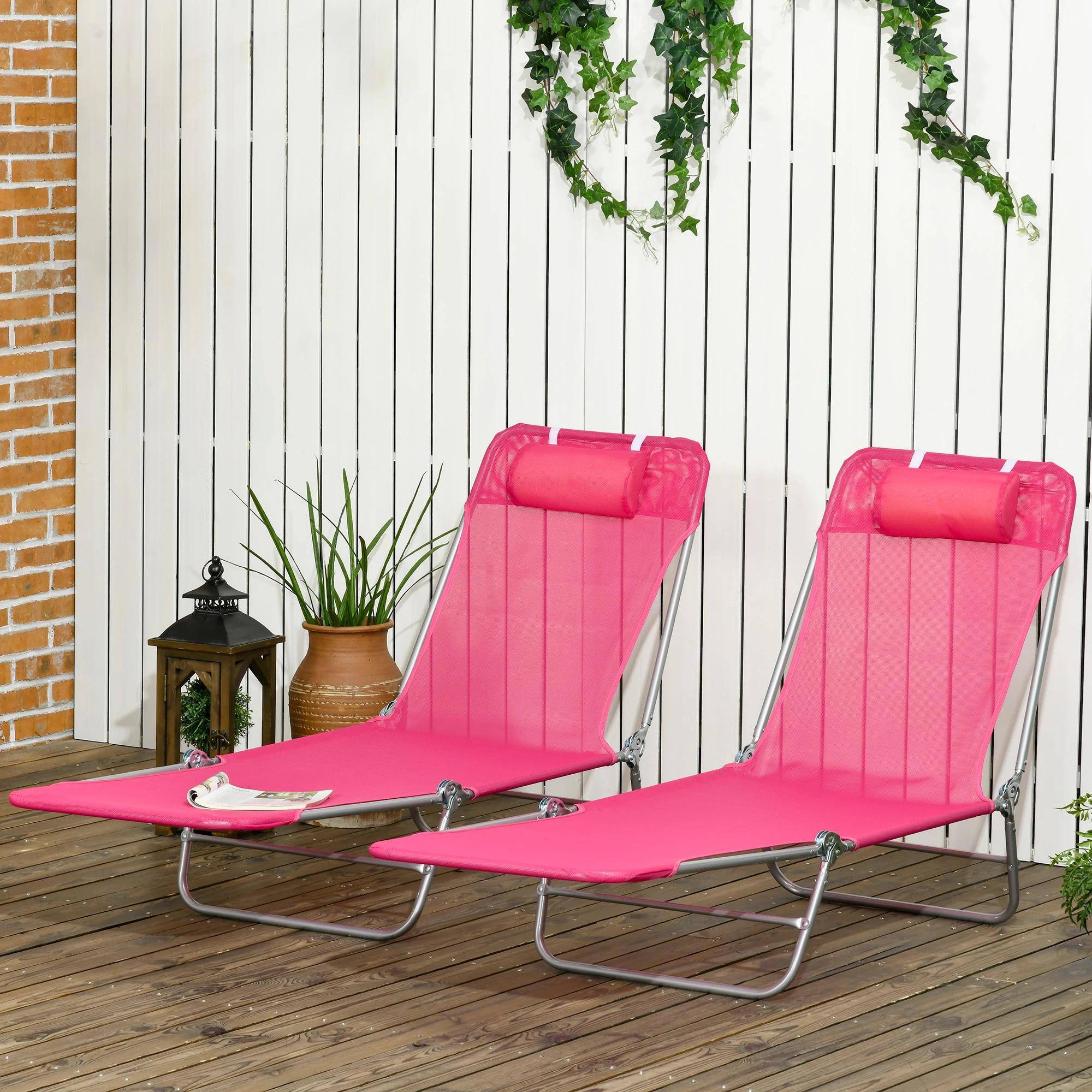 Alt View 7. Resenkos - ResenKos 2-Piece Foldable Premium Chaise Lounge Chairs , Reclining Sunbeds With Breathable Mesh Seating, Headrests, Pink - Pink.