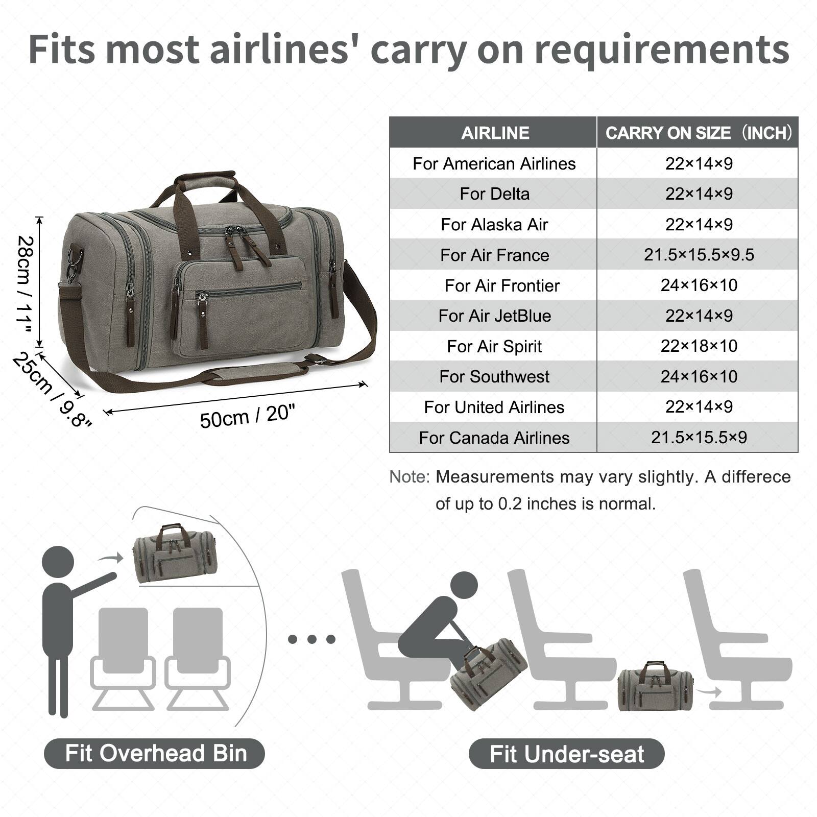 Fits most airlines' carry on requirements

AIRLINE | CARRY ON SIZE (INCH)

- For American Airlines | 22x14x9
- For Delta | 22x14x9
- For Alaska Air | 22x14x9
- For Air France | 21.5x15.5x9.5
- For Air Frontier | 24x16x10
- For Air JetBlue | 22x14x9
- For Air Spirit | 22x18x10
- For Southwest | 24x16x10
- For United Airlines | 22x14x9
- For Canada Airlines | 21.5x15.5x9

Note: Measurements may vary slightly. A difference of up to 0.2 inches is normal.

Fit Overhead Bin

Fit Under-seat