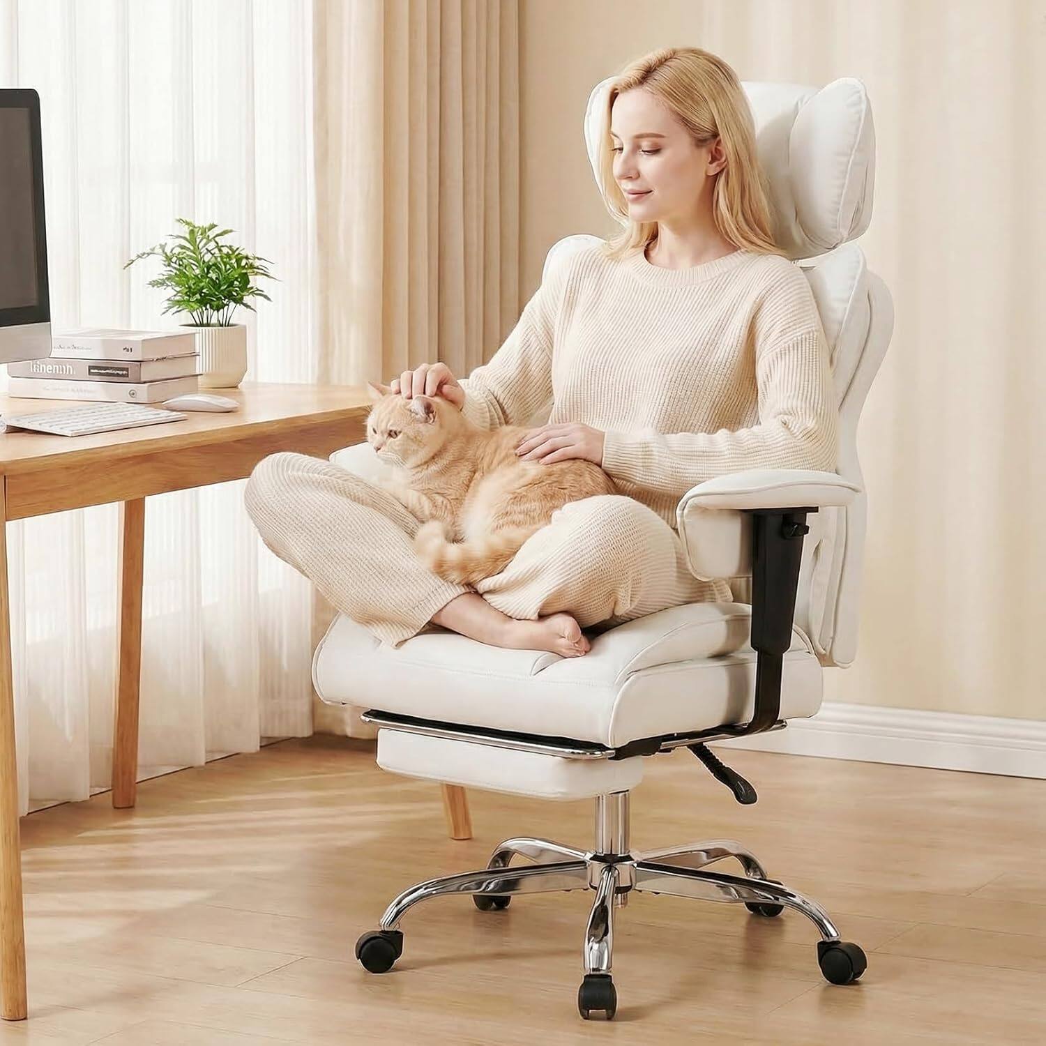 Left. Sweet - High Back Executive Office Chair with Footrest and Adjustable Armrests , Big and Tall PU Leather Gaming Chair, Beige - Beige.