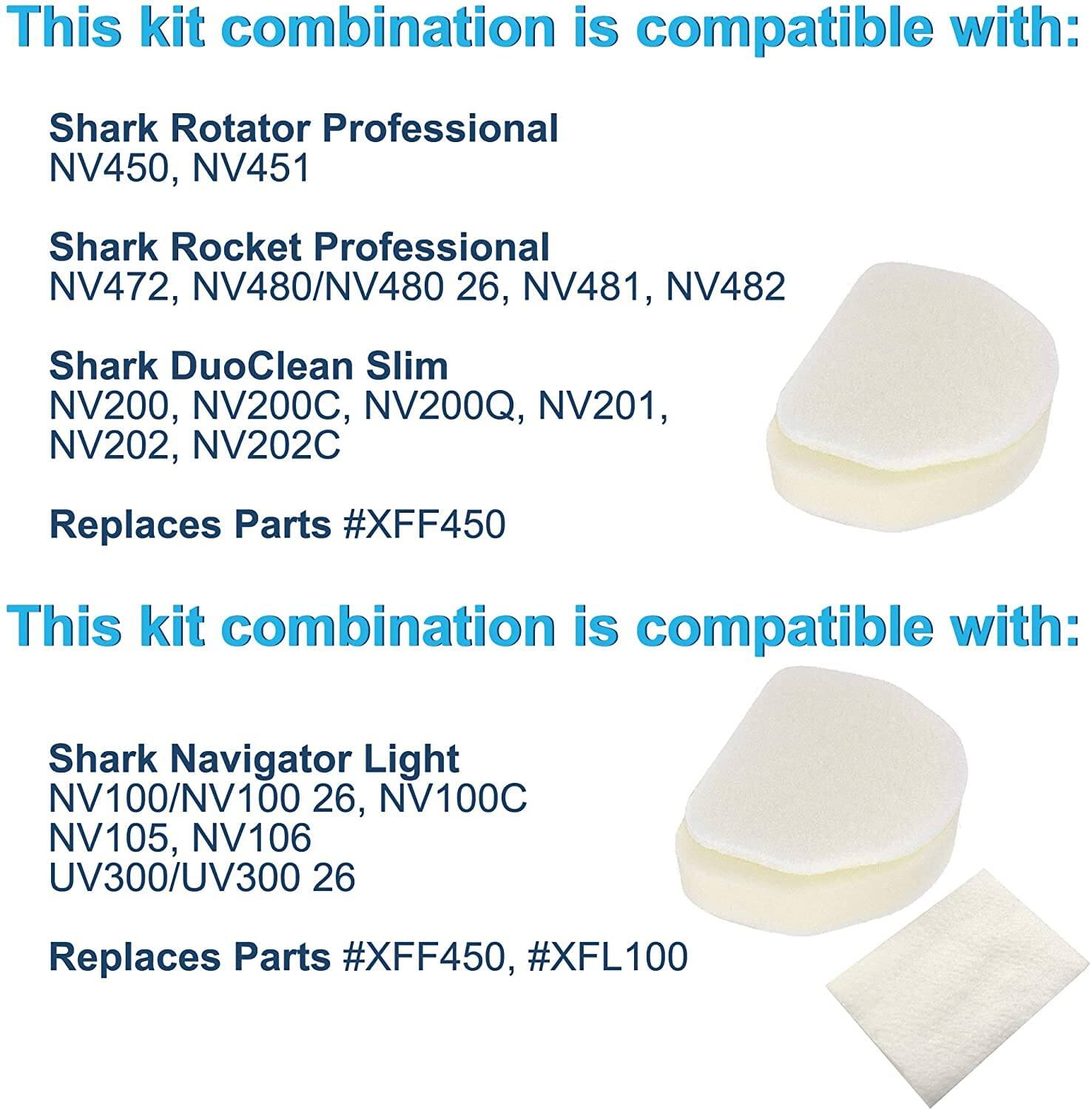 This kit combination is compatible with:

- Shark Rotator Professional
  - NV450, NV451

- Shark Rocket Professional
  - NV472, NV480/NV480 26, NV481, NV482

- Shark DuoClean Slim
  - NV200, NV200C, NV200Q, NV201, NV202, NV202C

Replaces Parts #XFF450

This kit combination is compatible with:

- Shark Navigator Light
  - NV100/NV100 26, NV100C, NV105, NV106
  - UV300/UV300 26

Replaces Parts #XFF450, #XFL100