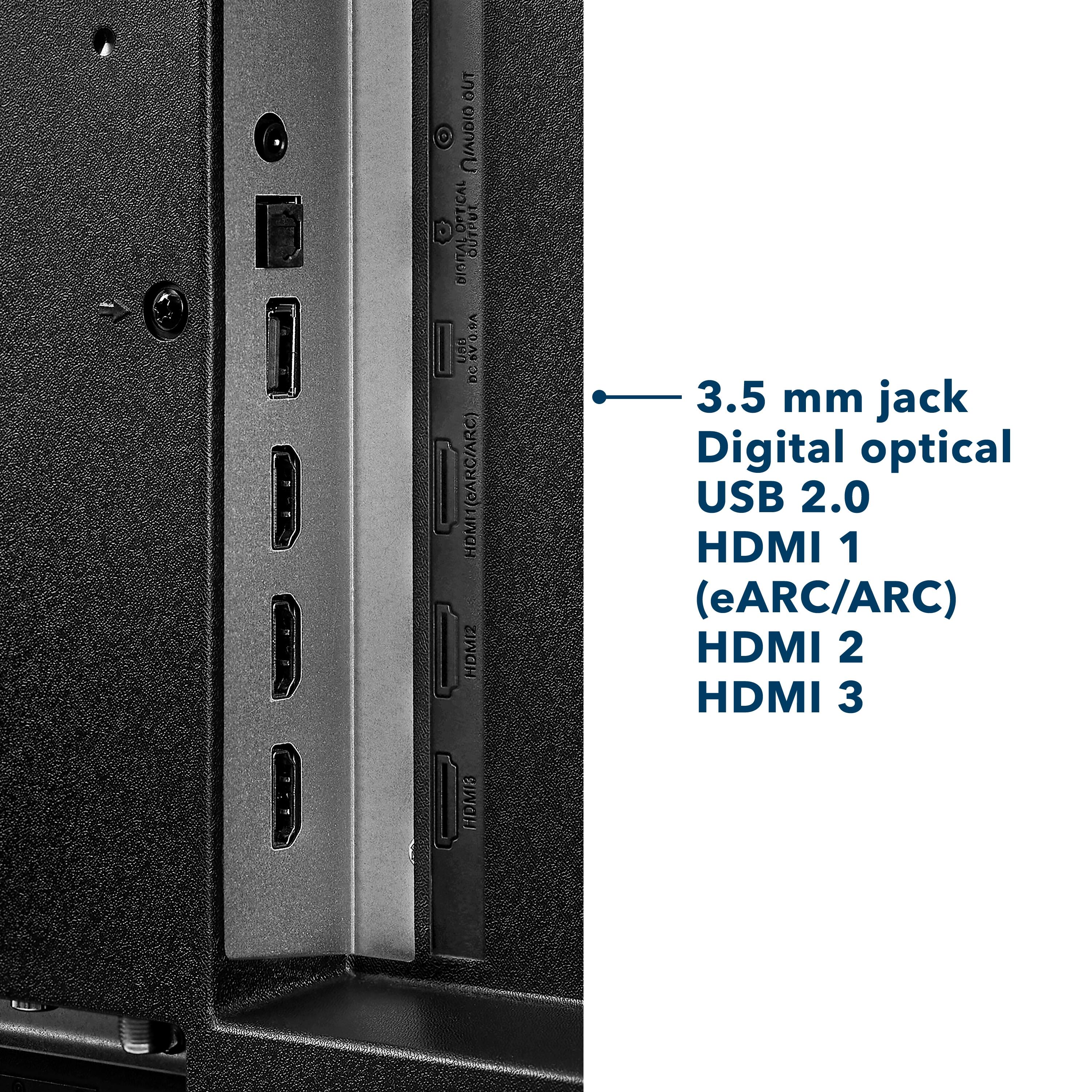 The text on the image is grouped and corrected as follows:

1. 3.5 mm jack: 3.5mm jack
2. Digital optical output: Digital Optical Output
3. USB 2.0: USB 2.0
4. HDMI 1 (eARC/ARC): HDMI 1 (eARC/ARC)
5. HDMI 2: HDMI 2
6. HDMI 3: HDMI 3
7. HDMI/ARC: HDMI/ARC
8. DMI: DMI
9. DC: DC
10. UIvneio Optical Output: UIvneio Optical Output