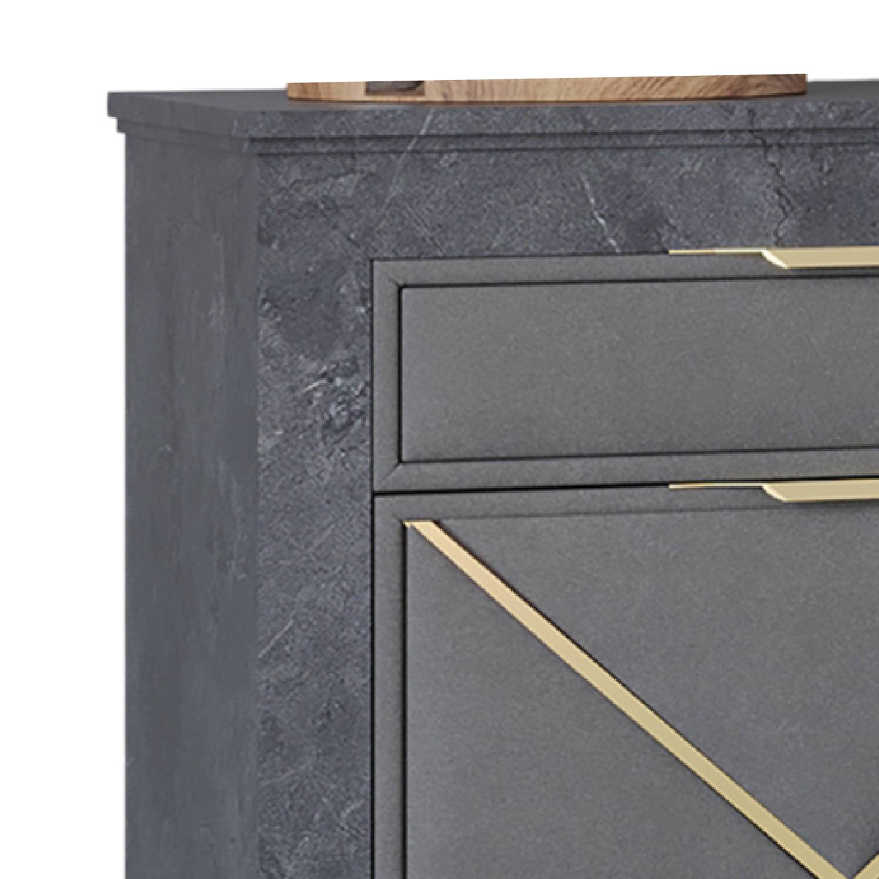 Left. Manhattan Lane - Semy Nightstand, 2  Accented Drawers,  Marble Laminate - Charcoal Gray, Gold.
