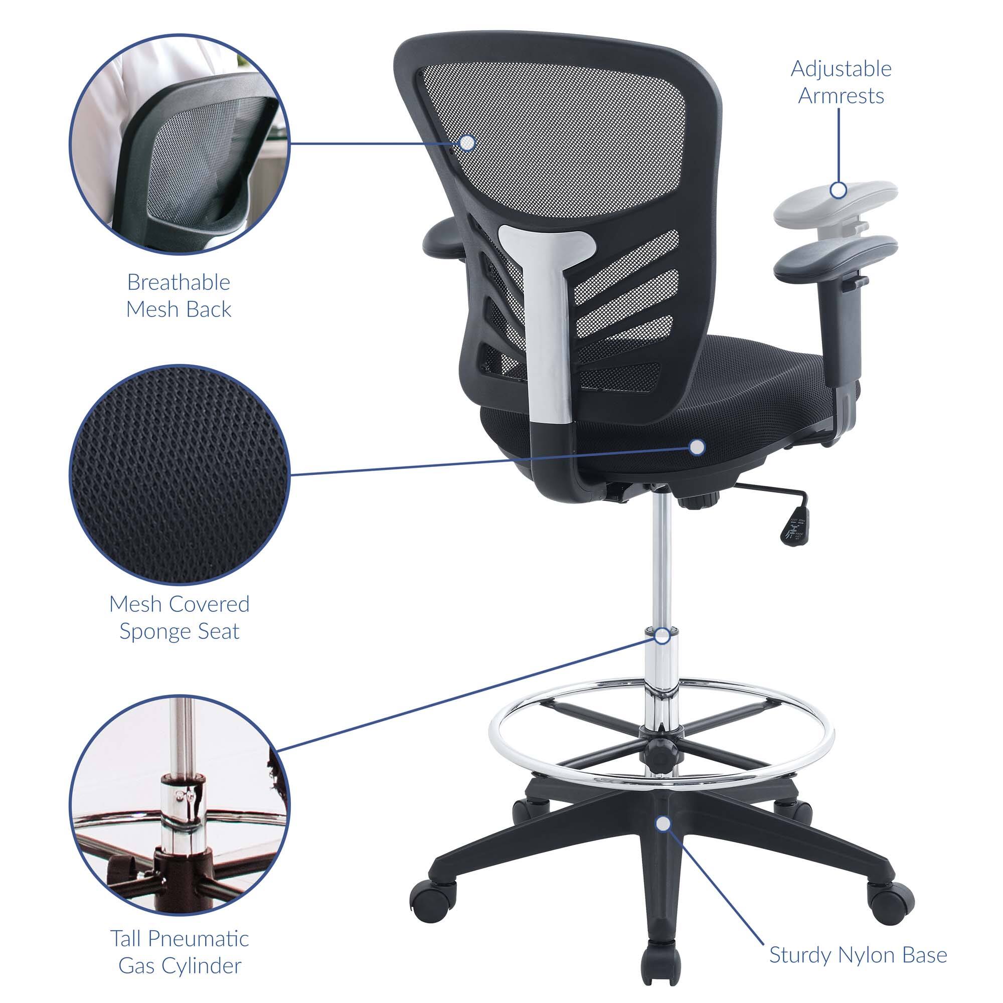 - Adjustable Armrests
- Breathable Mesh Back
- Mesh Covered Sponge Seat
- Tall Pneumatic Gas Cylinder
- Sturdy Nylon Base