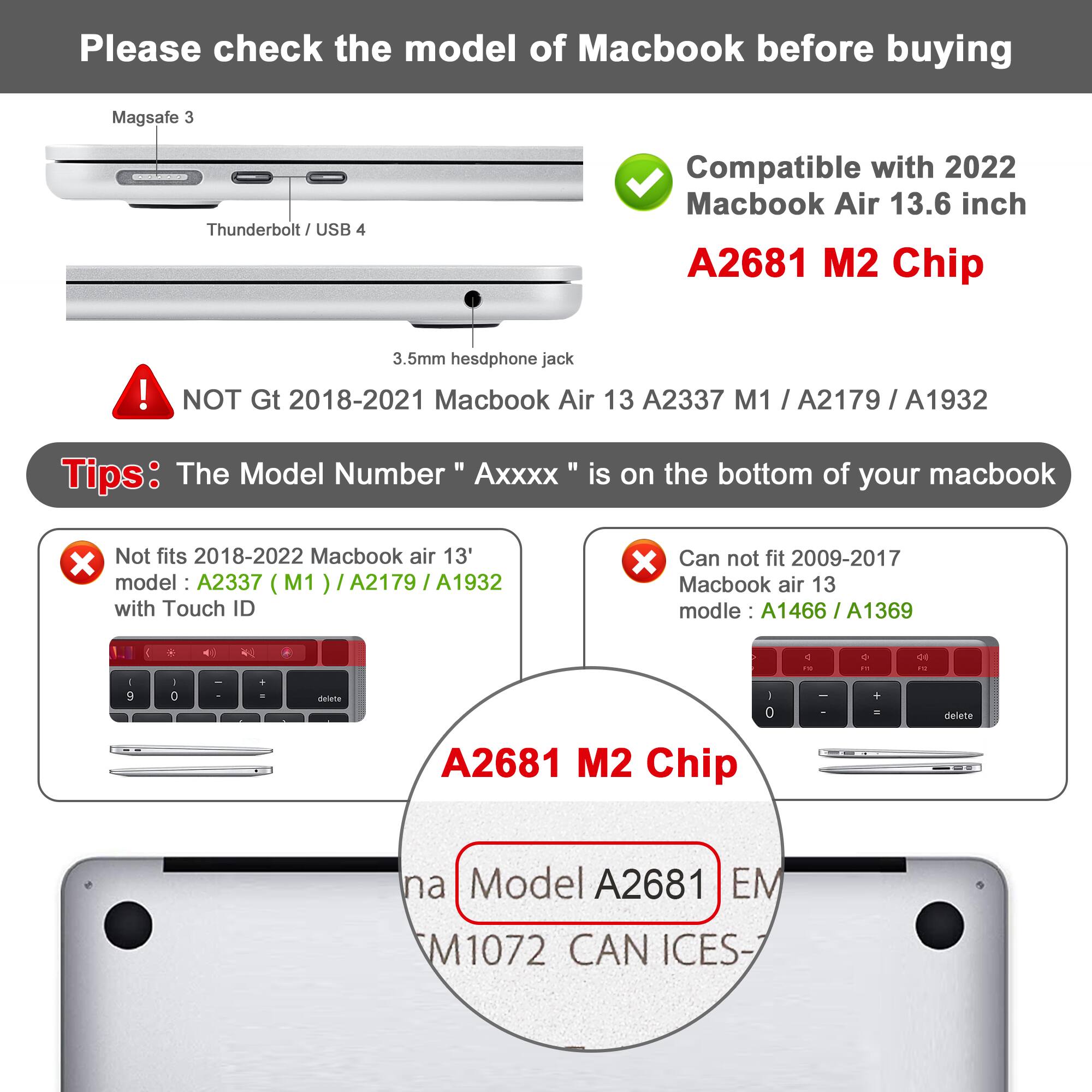 Please check the model of Macbook before buying

Magsafe 3
Thunderbolt / USB 4
3.5mm headset jack

Compatible with 2022 Macbook Air 13.6 inch
A2681 M2 Chip

NOT Gt 2018-2021 Macbook Air 13 A2337 M1 / A2179 / A1932

Tips: The Model Number "Axxxx" is on the bottom of your macbook

Not fits 2018-2022 Macbook air 13' model: A2337 (M1) / A2179 / A1932 with Touch ID

Can not fit 2009-2017 Macbook air 13 model: A1466 / A1369

A2681 M2 Chip

Model A2681 EM M1072 CAN ICES-