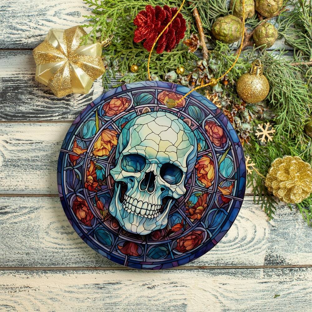 Back. OrnamentallyYou - Ghastly Grin Spooky Halloween Skull Stained Glass Style Ceramic Ornament Halloween Themed Christmas - Multi-colored.
