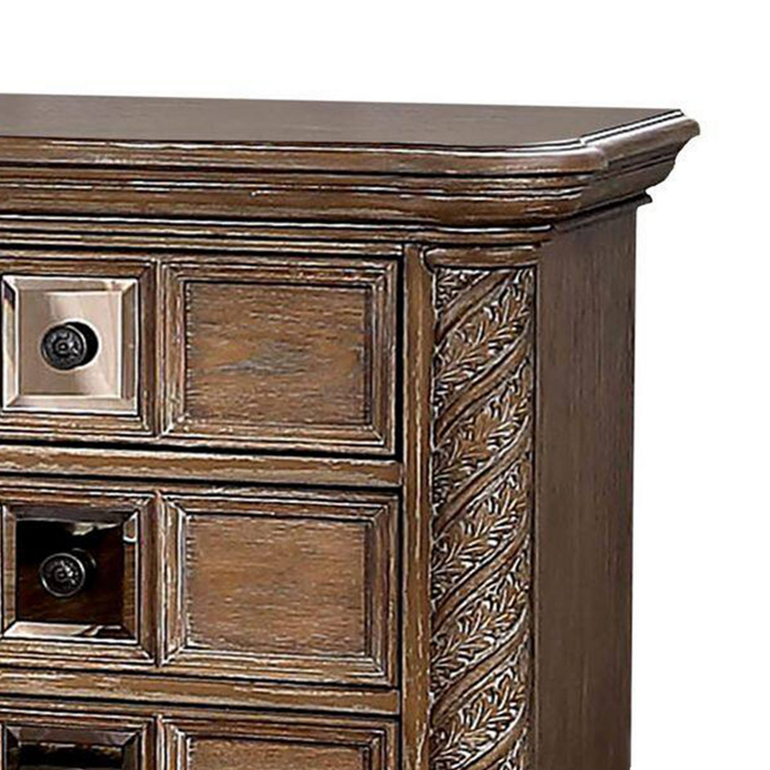 Alt View 2. Manhattan Lane - Isac 30 Inch Nightstand, 3 Gliding Drawers, Carved Faux Wood - Brown.