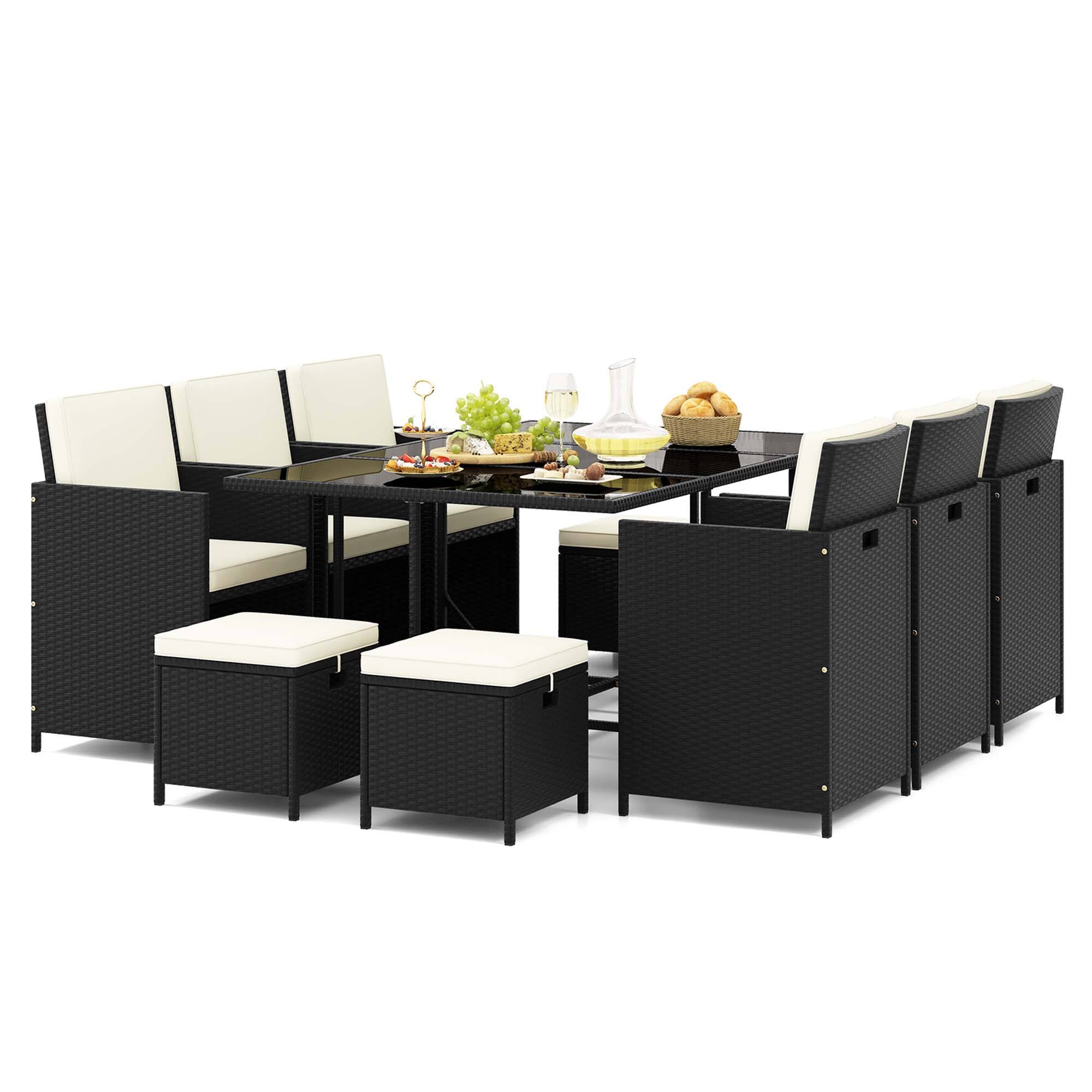 Alt View 9. Costway - 11 Pieces Patio Dining Set Space-saving Wicker Chairs & Tempered Glass Table - Black + White.