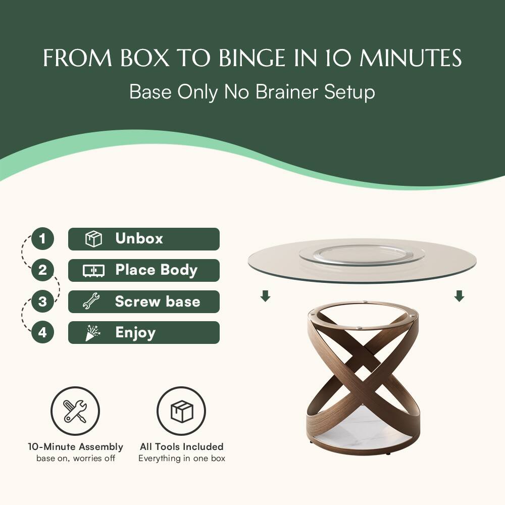 FROM BOX TO BINGE IN 10 MINUTES  
Base Only No Brainer Setup  

1. Unbox  
2. Place Body  
3. Screw base  
4. Enjoy  

10-Minute Assembly  
base on, worries off  

All Tools Included  
Everything in one box