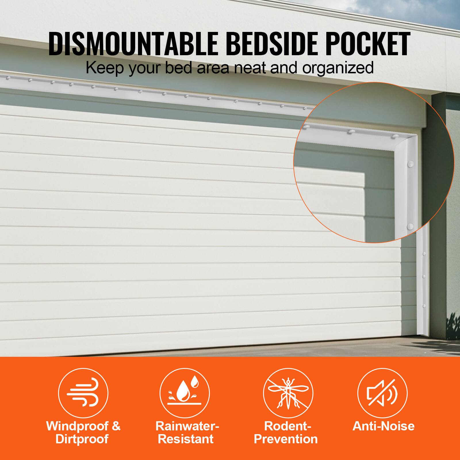 DISMOUNTABLE BEDSIDE POCKET  
Keep your bed area neat and organized

Windproof & Dirtproof  
Rainwater-Resistant  
Rodent-Prevention  
Anti-Noise
