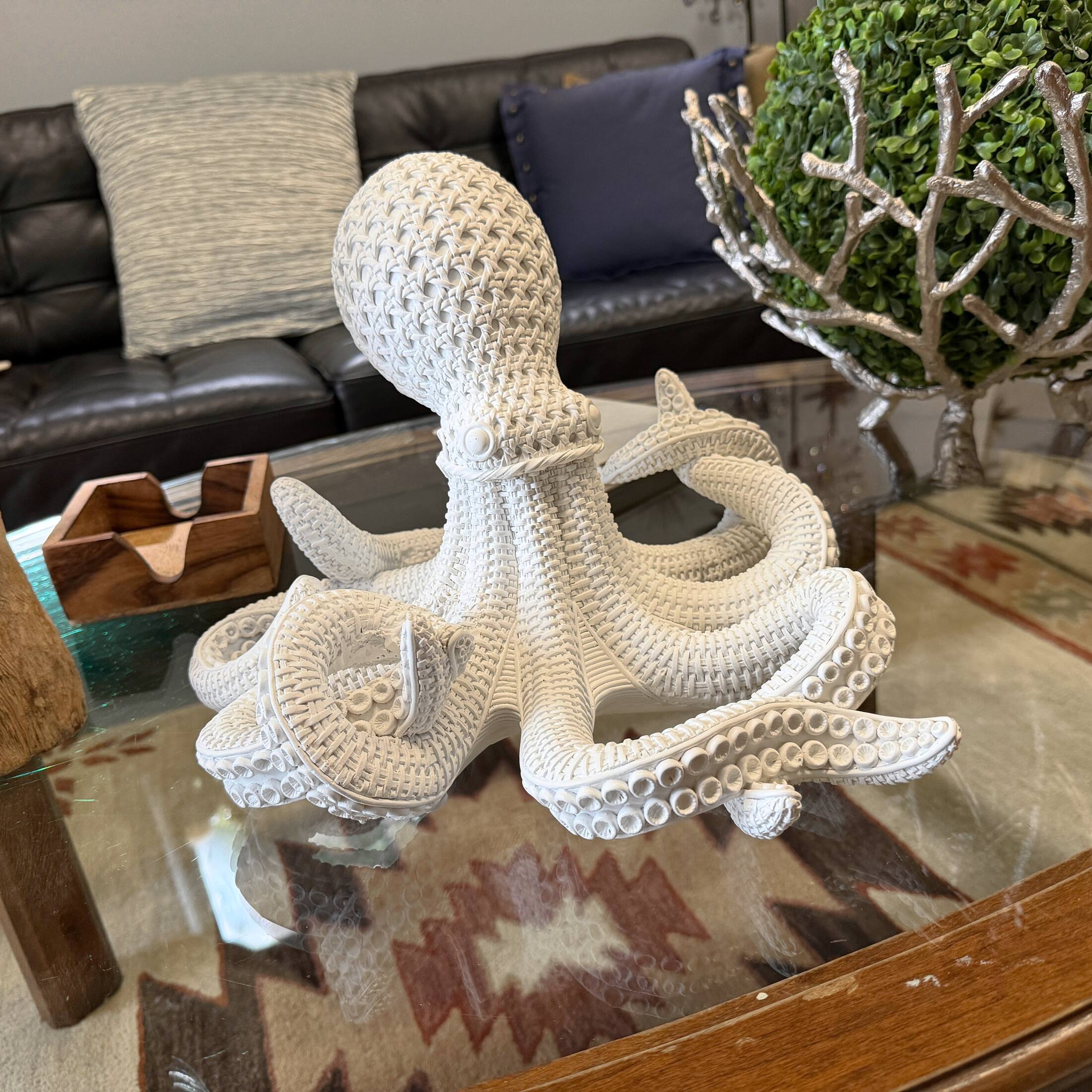 Alt View 6. Fancy That - White Wicker Look Resin Octopus Statue 13 Inch Coastal Tabletop Decor - White.