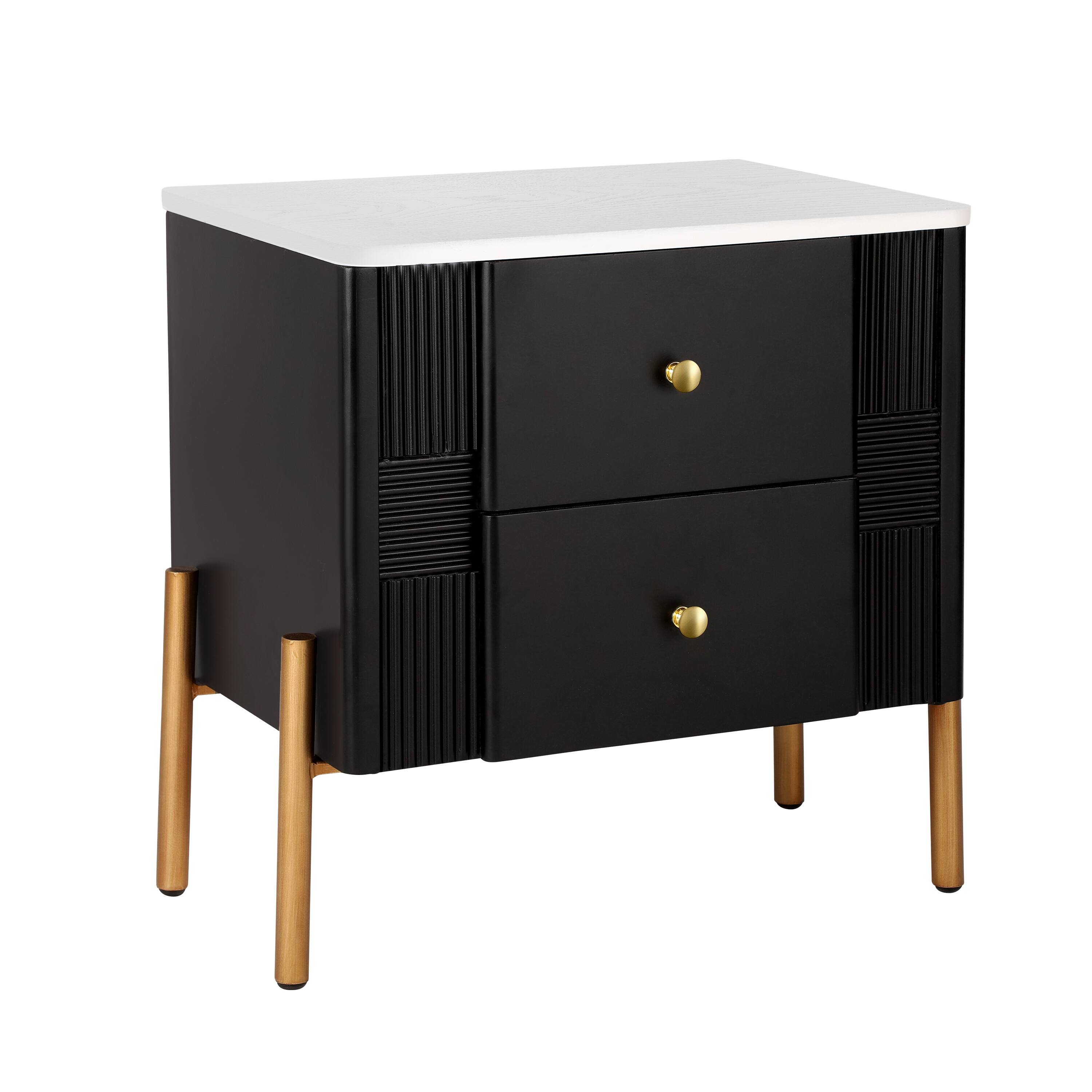 Spaco - Modern Nightstand with Style - Fluted Design, 2 Drawers, Golden Handles & Legs - Ideal for Bedroom & Living - Black