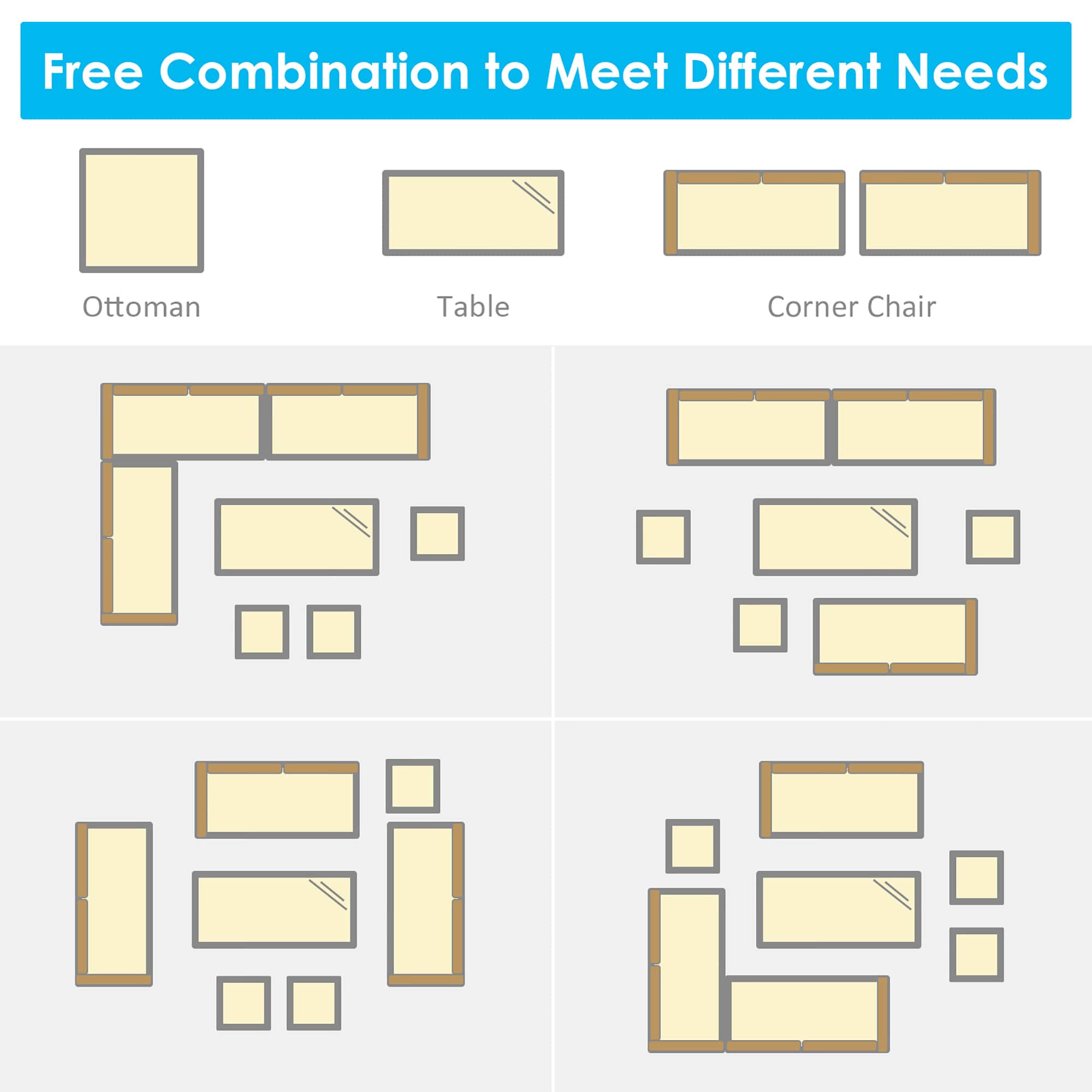 Free Combination to Meet Different Needs:
1. Ottoman
2. Table
3. Corner Chair