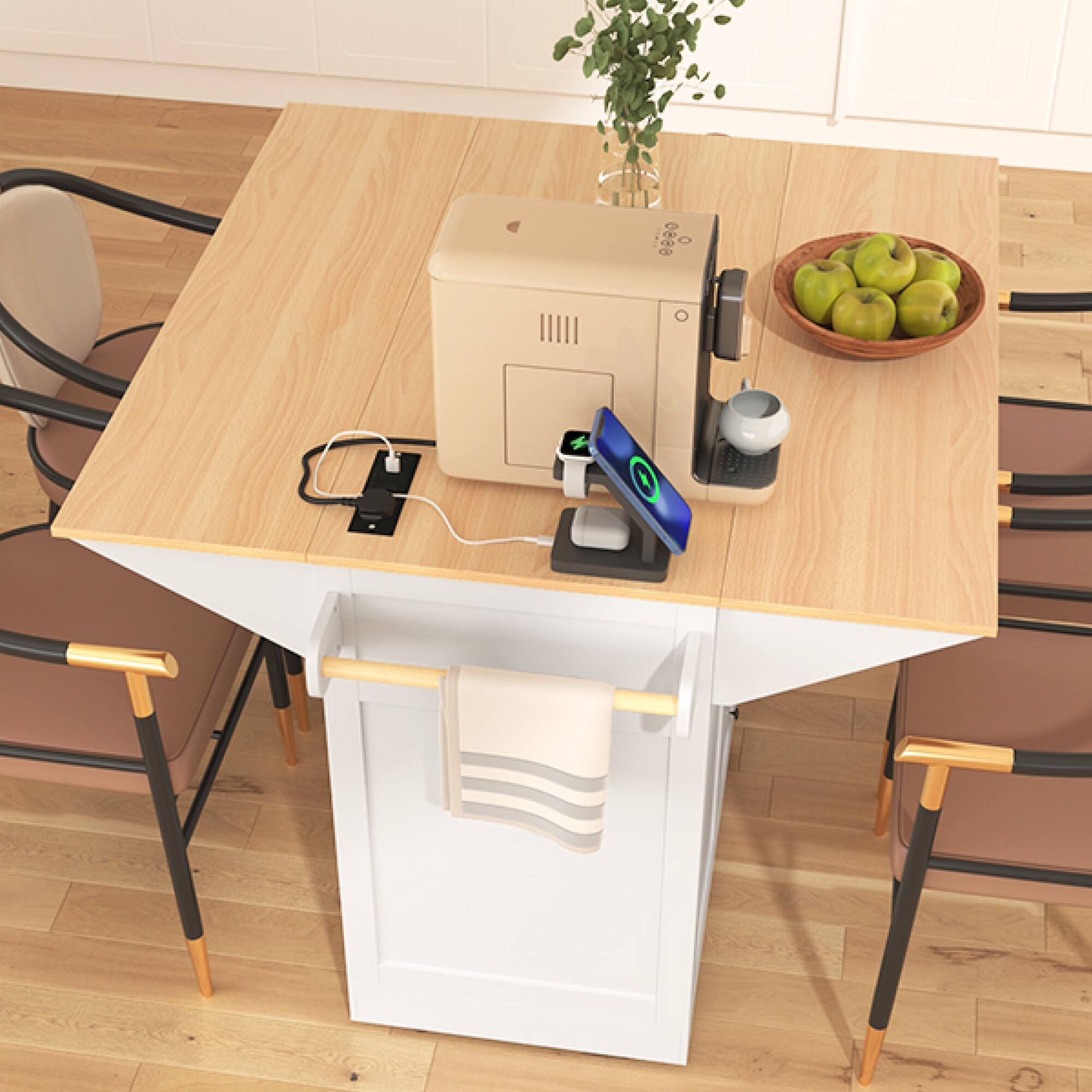 Back. ELEMENT ACE - Multifunctional Kitchen Island Cart with Drop Leaf Extensions, Power Outlets, and Ample Storage for Modern Kitchens - White.