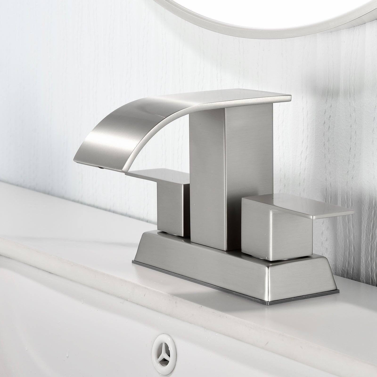 Alt View 2. Boyel Living - Brushed 4 Inch Centerset Faucet SUS304 Waterfall Spout 1.2GPM Dual Handle Pop Up Drain - Brushed Nickel.