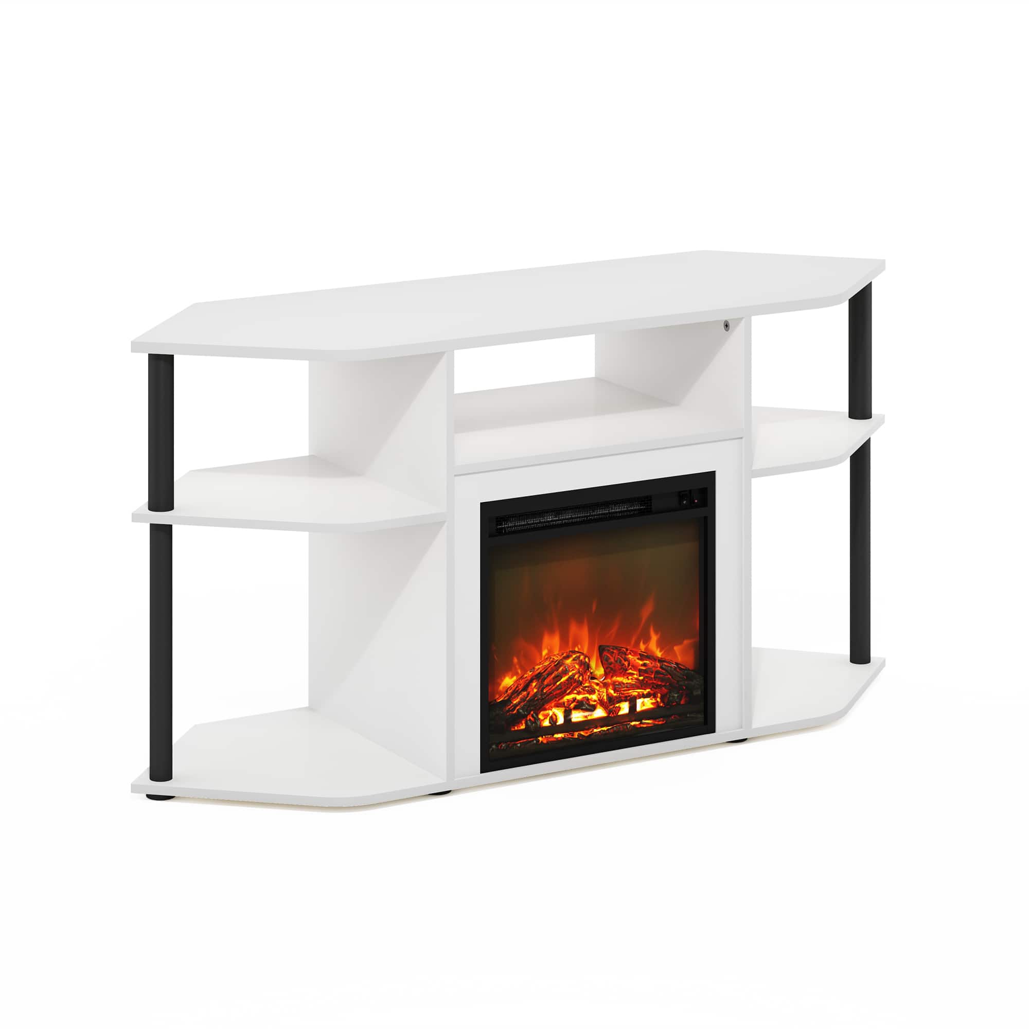 Front. Furinno - Jensen Open Storage Corner Fireplace TV Entertainment Center with Plastic Poles for TV up to 55 Inch - Solid White/Black.