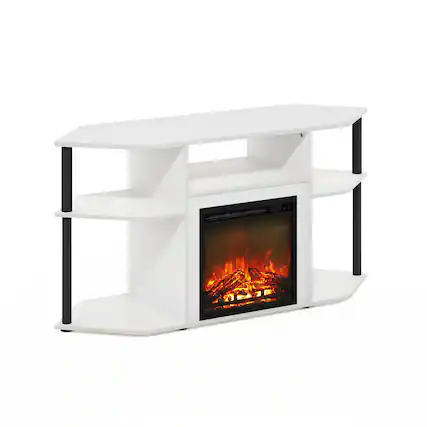 Front. Furinno - Jensen Open Storage Corner Fireplace TV Entertainment Center with Plastic Poles for TV up to 55 Inch - Solid White/Black.