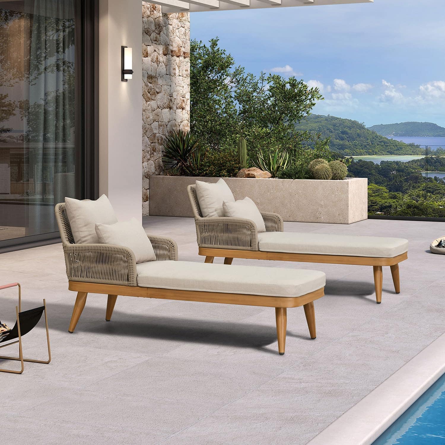 PURPLE LEAF - 2 Pieces Aluminum Pool Lounge Chairs for Outdoor with 2 Cushions - Natural Teak price history on PriceWatchPro