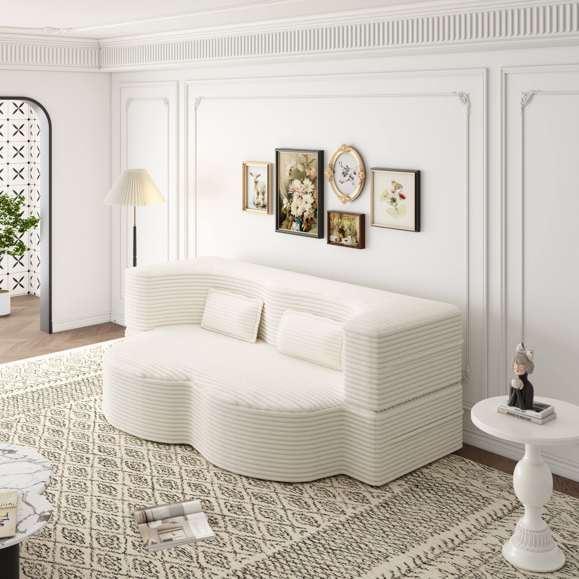 Back. GOODSILO - Convertible Plush Corduroy Floor Sleeper Sofa with Dual Pillows for Living Room and Guest Use - Beige+White.