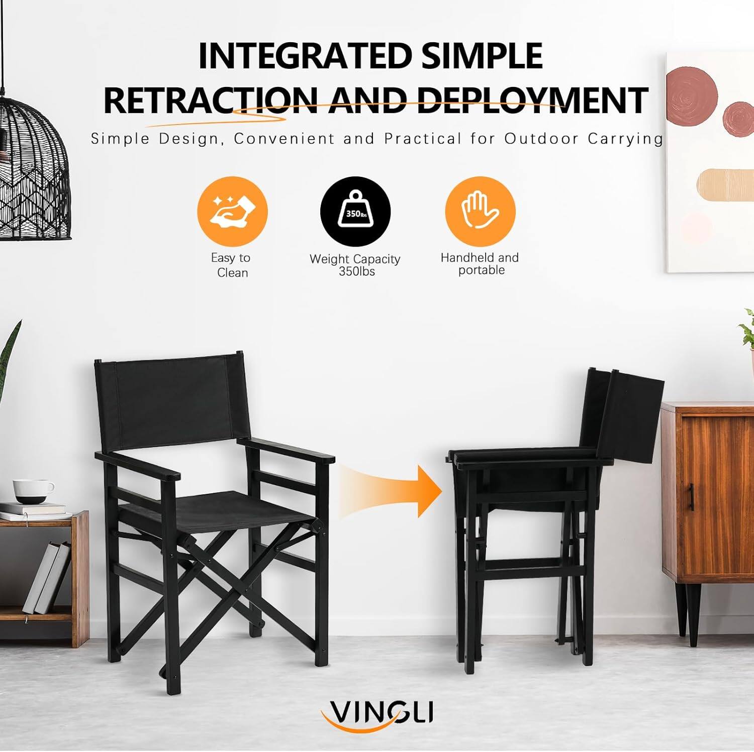 INTEGRATED SIMPLE RETRACTION AND DEPLOYMENT  
Simple Design, Convenient and Practical for Outdoor Carrying  

- Easy to Clean  
- Weight Capacity 350lbs  
- Handheld and portable  

VINGLI