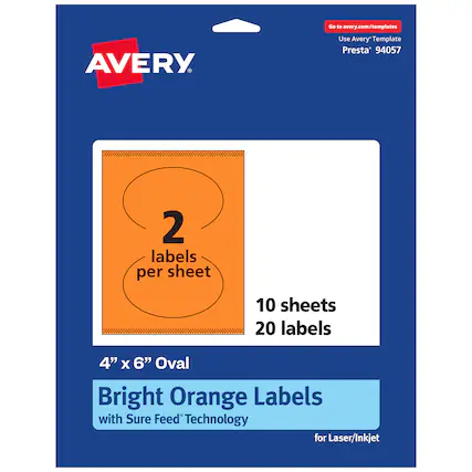 Go to avery.com/templates
Use Avery Template Presta® 94057
2 labels per sheet
10 sheets
20 labels
4" x 6" Oval
Bright Orange Labels with Sure Feed® Technology for Laser/Inkjet