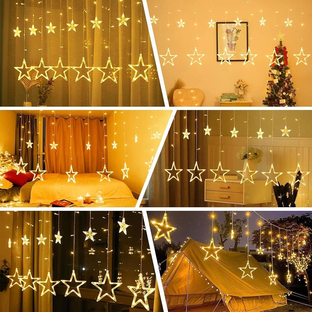 Alt View 2. MOSZAR LLC - Twinkle Star 138-LED Curtain Lights, 12 Stars, Warm White, Indoor.