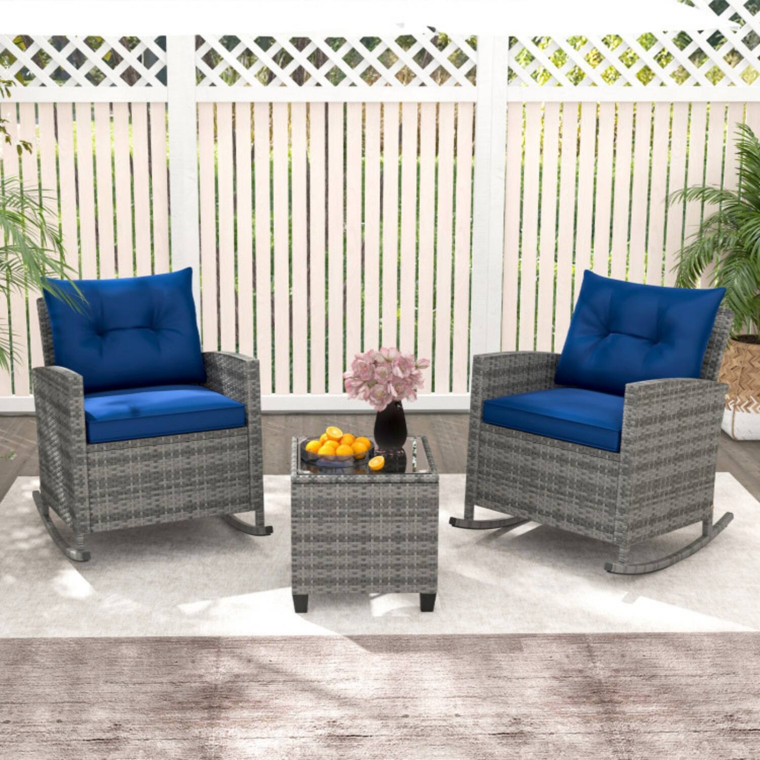 Alt View 2. Mondawe - 31.5 x 26 x 31.5 IN Freestanding Patio Rattan Rocker Chairs Set with Table and Cushions 3-Piece - Dark Blue+Mix Brown.