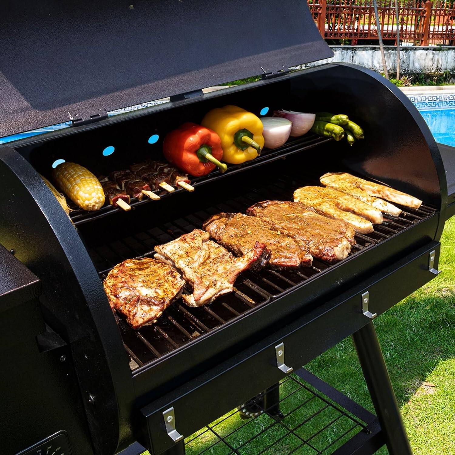 Alt View 4. KingChii - 595-sq in Brown Outdoor Wood Pellet Grill and Smoker with 13.2-lb Hopper and 500°F Max Heat.