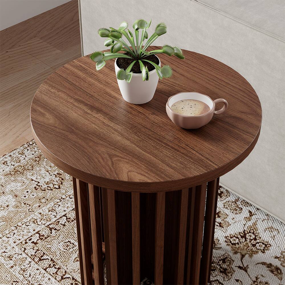 Back. POVISON - 17.72" Round Side Table, Modern Wood Side Table, End Table, MDF - Walnut Color.