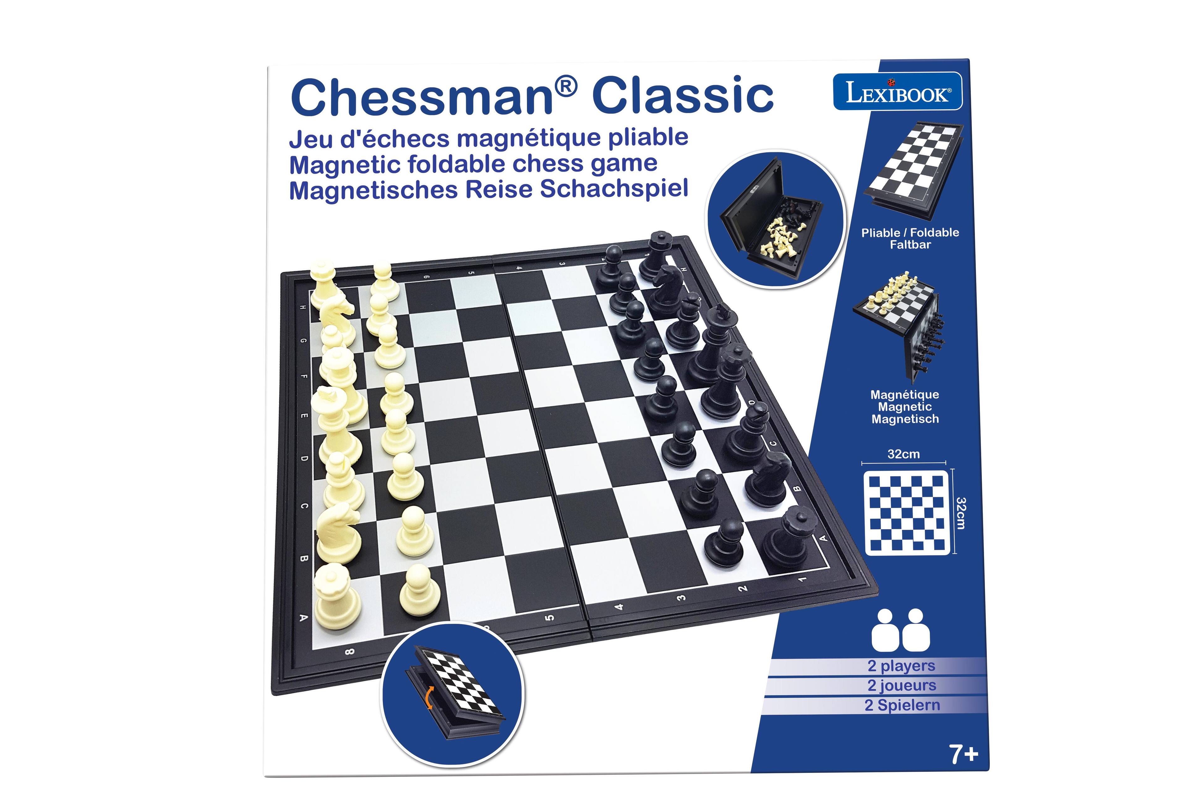 Chessman Classic LEXIBOOK Jeu d'échecs magnétique pliable Magnetic foldable chess game Magnetisches Reise Schachspiel

Pliable / Foldable Faltbar

Magntique Magnetic Magnetisch

32cm

2 players 2 joueurs 2 Spielern

7+