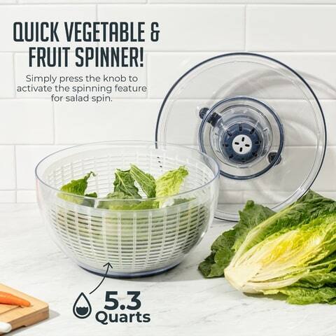 QUICK VEGETABLE & FRUIT SPINNER!  
Simply press the knob to activate the spinning feature for salad spin.  
5.3 Quarts
