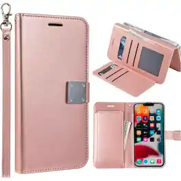 Entronix - iPhone 16E Case - Stylish Foldable Leather Wallet with Card Holder and Lanyard - Rose Gold