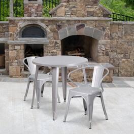Emma + Oliver - Commercial Grade 30" Round Metal Indoor-Outdoor Table Set with 2 Arm Chairs - Silver