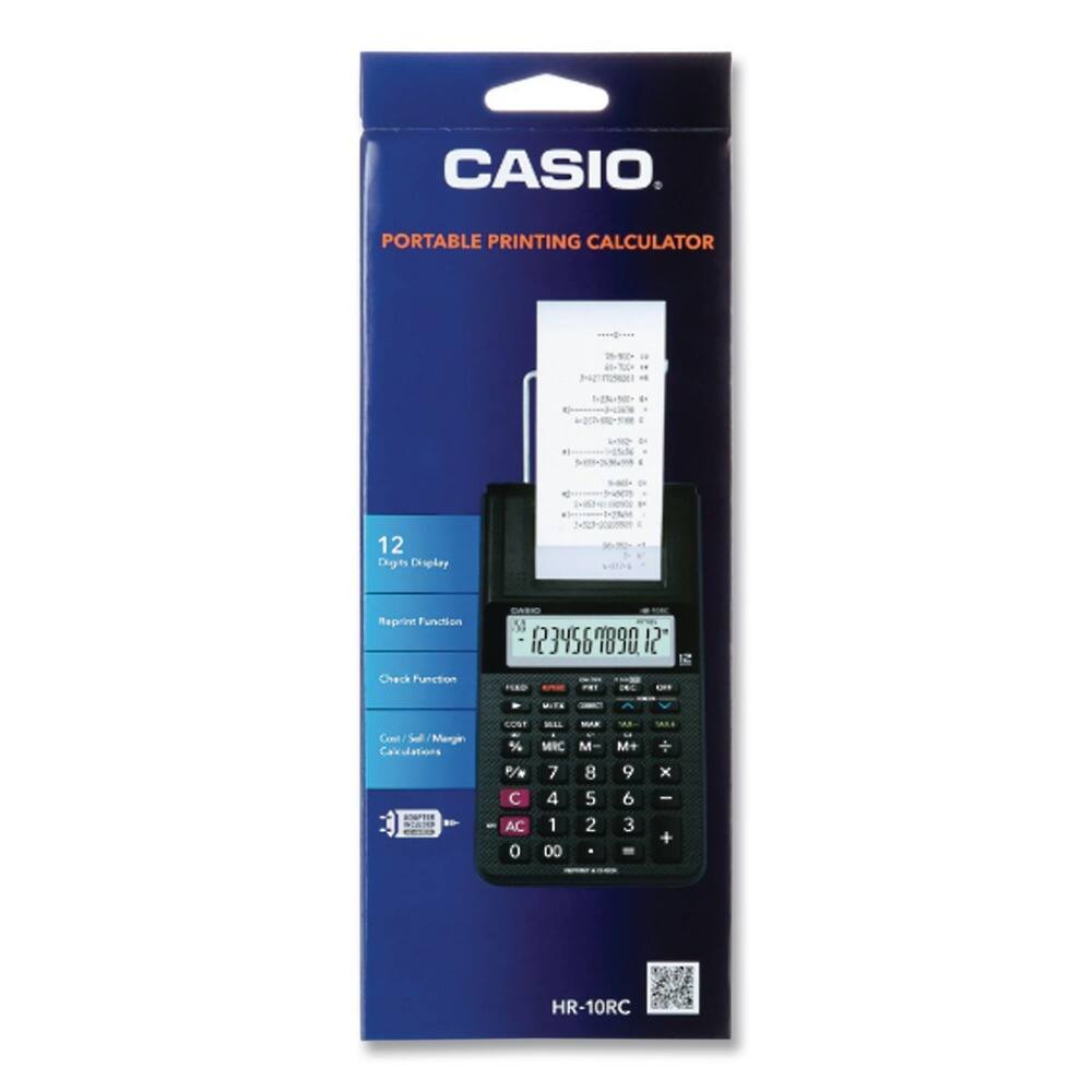 CASIO PORTABLE PRINTING CALCULATOR  
HR-10RC  

- 12 Digits Display  
- Reprint Function  
- Check Function  
- Cost/Sell/Margin Calculations  

Buttons:  
- MRC  
- M+  
- M-  
- AC  
- C  
- 7 8 9  
- 4 5 6  
- 1 2 3  
- 0 0  
- +  
- -  
- ×  
- ÷  
- %  
- .  
- =  
- PRINT  
- CLEAR  
- ON/C  
- TAX+  
- TAX-  
- GROSS  
- NET  
- MRC  
- M+  
- M-  
- AC  
- C  
- 7 8 9  
- 4 5 6  
- 1 2 3  
- 0 0  
- +  
- -  
- ×  
- ÷  
- %  
- .  
- =  
- PRINT  
- CLEAR  
- ON/C  
- TAX+  
- TAX-  
- GROSS  
- NET
