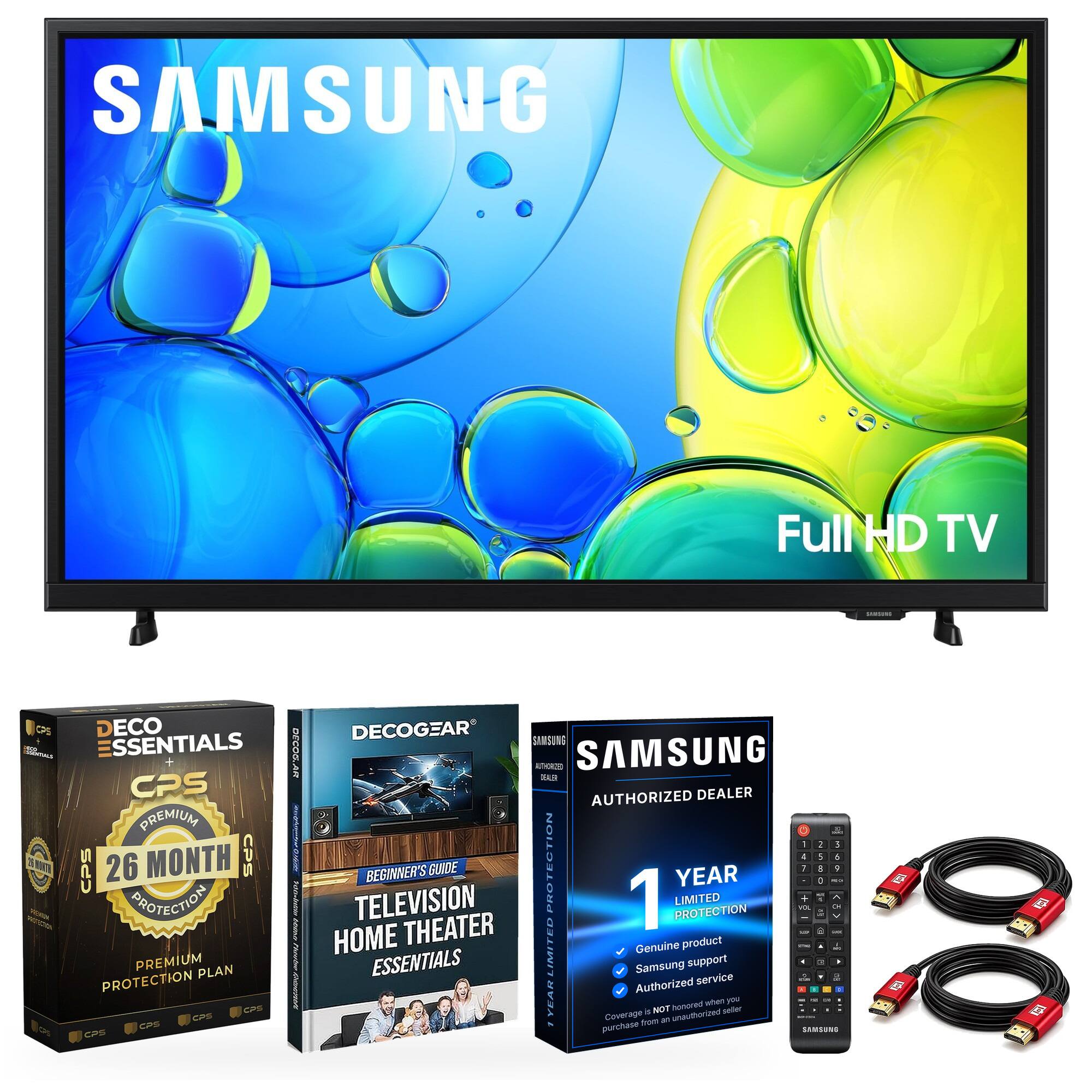 SAMSUNG  
Full HD TV  

DECO ESSENTIALS CPS PREMIUM  
26 MONTH CPS PROTECTION PREMIUM PLAN  
DECOGEAR SAMSUNG  
AUTHORIZED DEALER  

1 YEAR LIMITED PROTECTION  
Genuine product  
Samsung support  
Authorized service  
Coverage NOT honored when you purchase from unauthorized seller  

BEGINNER'S GUIDE  
TELEVISION HOME THEATER ESSENTIALS