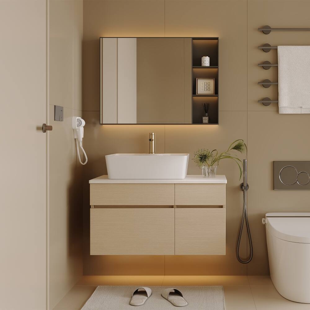 Angle. Loheer - Loheer 31.5 inch floating bathroom vanity Wall Mounted with Vessel Sink White and Wood - White, Wood.