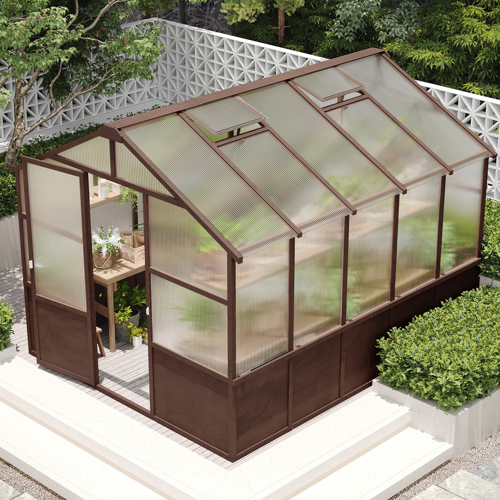 Mondawe - 8x10 FT Wood Greenhouses with 6MM Thick Polycarbonate Panel and Adjustable Vents - Dark Coffee