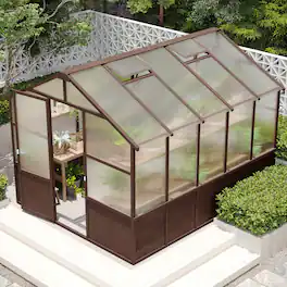 Mondawe - 8x10 FT Wood Greenhouses with 6MM Thick Polycarbonate Panel and Adjustable Vents - Dark Coffee