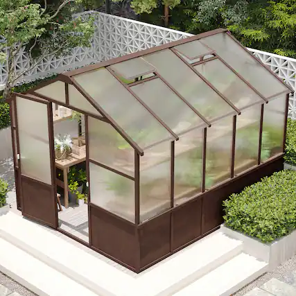 Front. Mondawe - 8x10 FT Wood Greenhouses with 6MM Thick Polycarbonate Panel and Adjustable Vents - Dark Coffee.