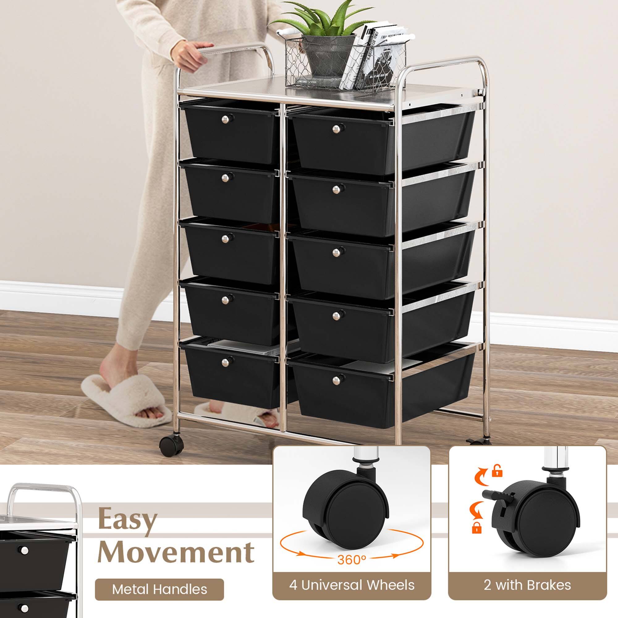 The image features a woman standing next to a black dresser with wheels. The dresser is described as having easy movement, metal handles, and four universal wheels, with two of them having brakes. The woman is holding a tray, and there is a potted plant nearby.